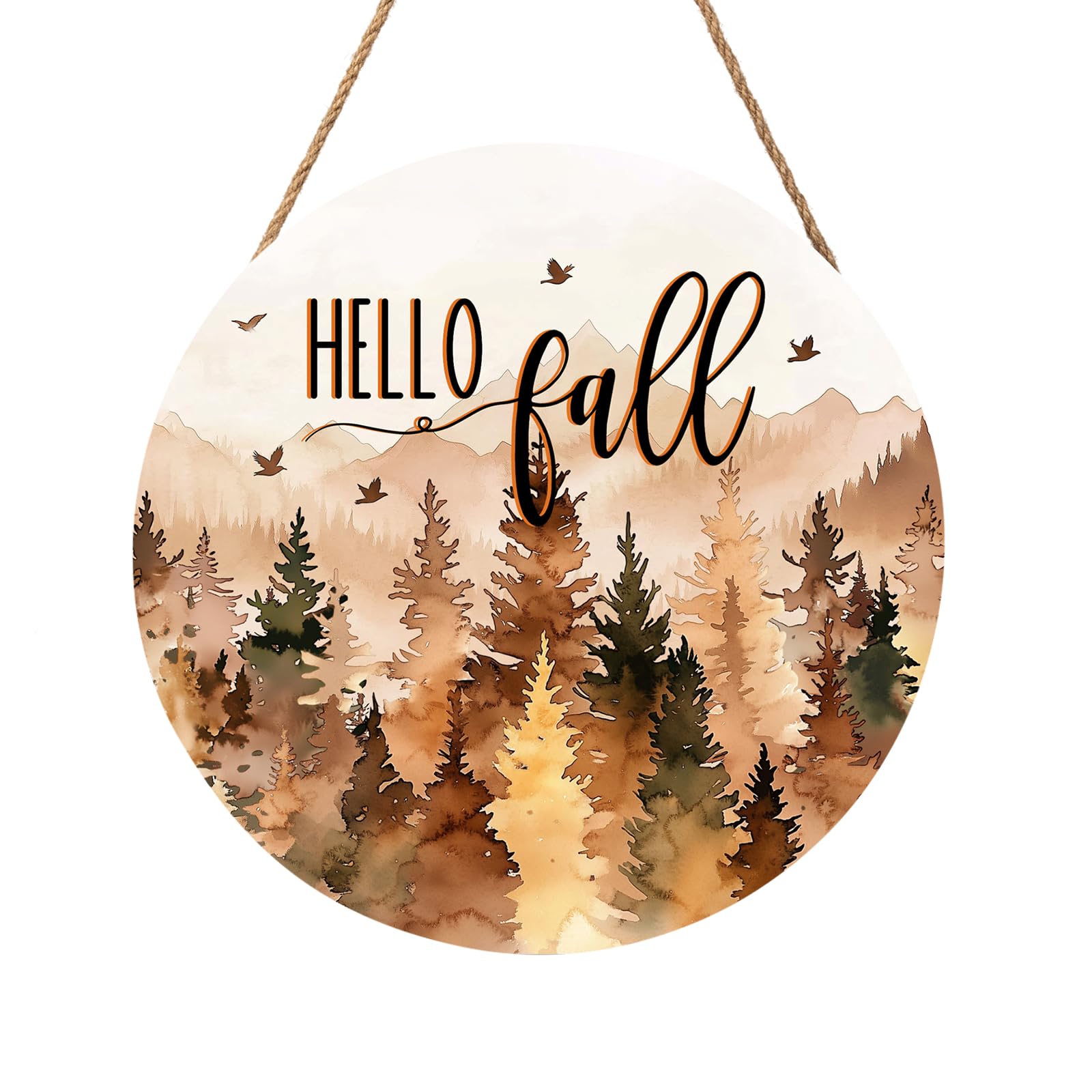 Hello Fall Wreath for Front Door Outside Autumn Thanksgiving Welcome Sign Fall Forest Trees Wood Door Hanger 12x12 Inch Rustic Farmhouse Indoor Outdoor Decor for Home Porch Wall Hanging Plaque