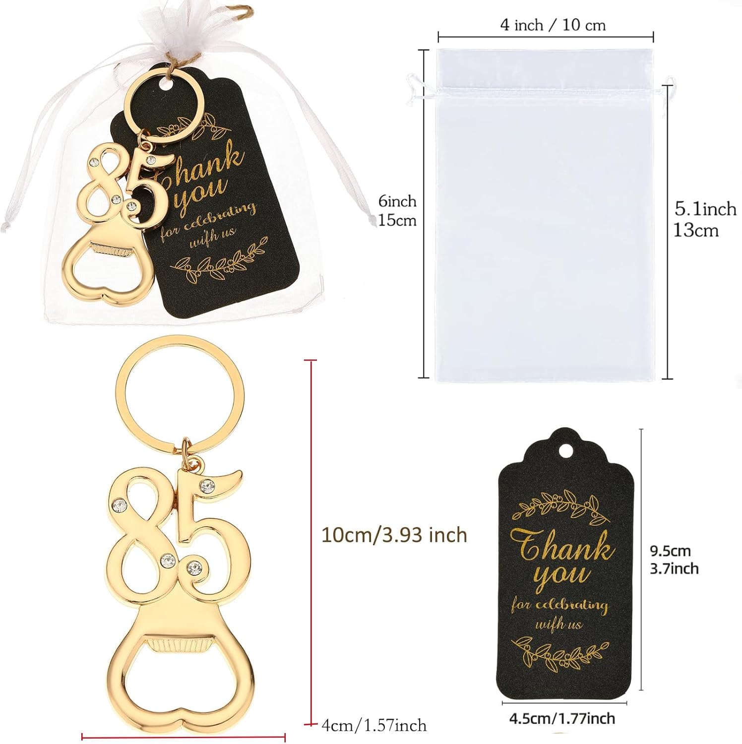 25 Pack 85th Birthday Party Favors Bottle Opener Keychain Bulk Gold 85 Souvenirs Gift Set with Organza Bags Tags for Guests Celebration (85th opener)