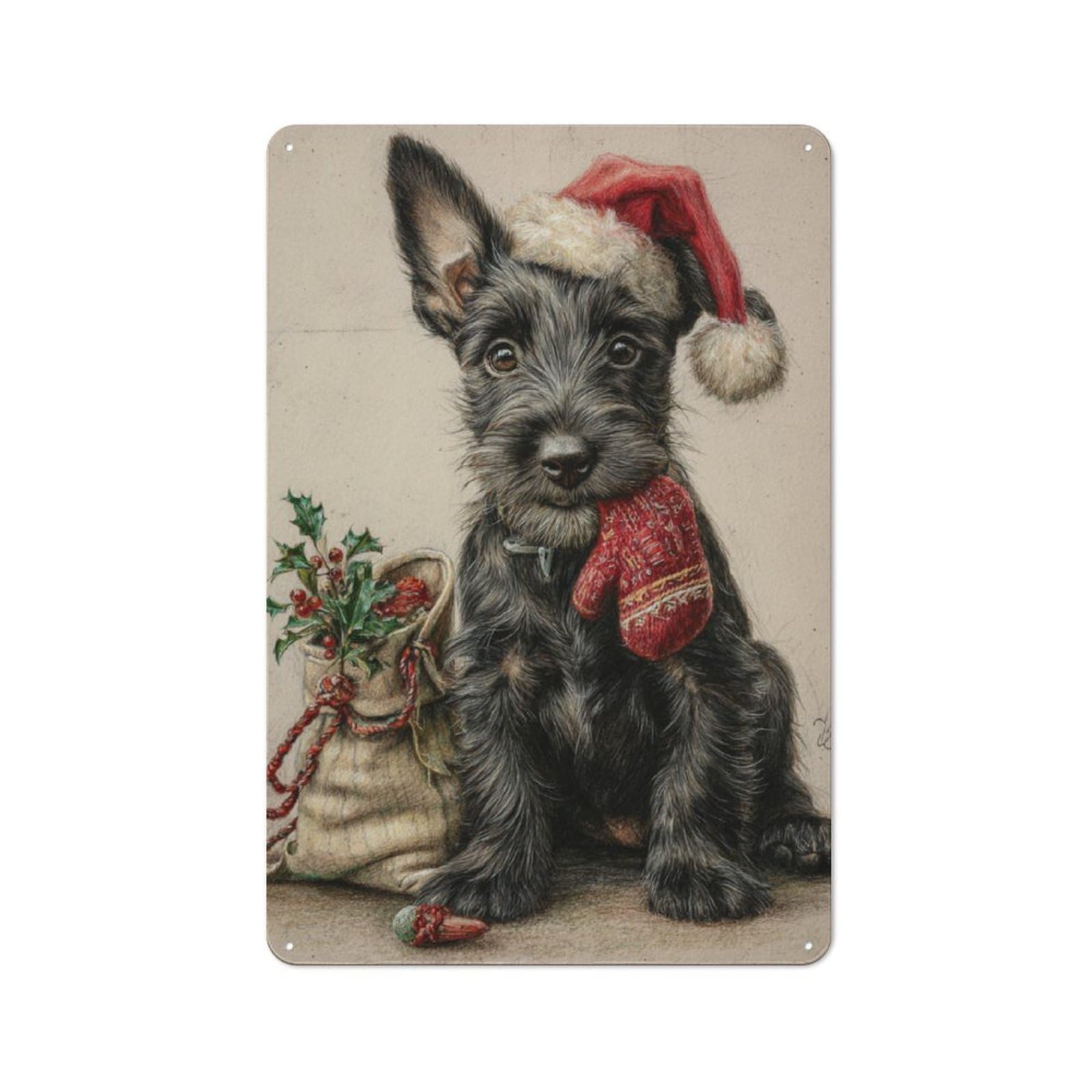 Junmoney Festive Pup With Mitten Tin Sign 30X20cm With For Home Bar Wall, Retro Decor, Suited To Home Bar Decor Fans