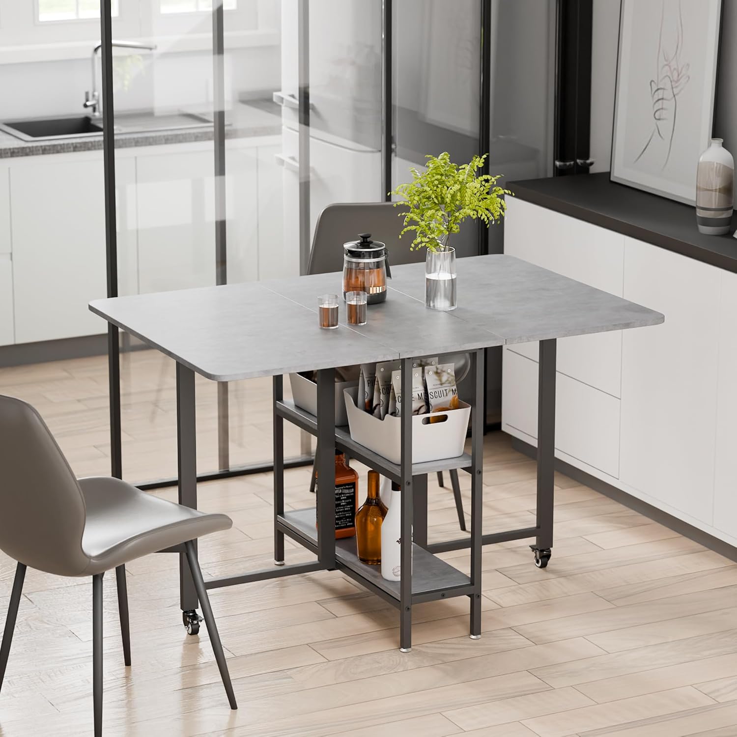 Folding Dining Table, Drop Leaf Dining Table for Saving Space with Wheels and 2-Layer Storage Shelf, Modern Kitchen Table for Living Room, 47.2" W x 31.5" D x 29.5" H, Grey
