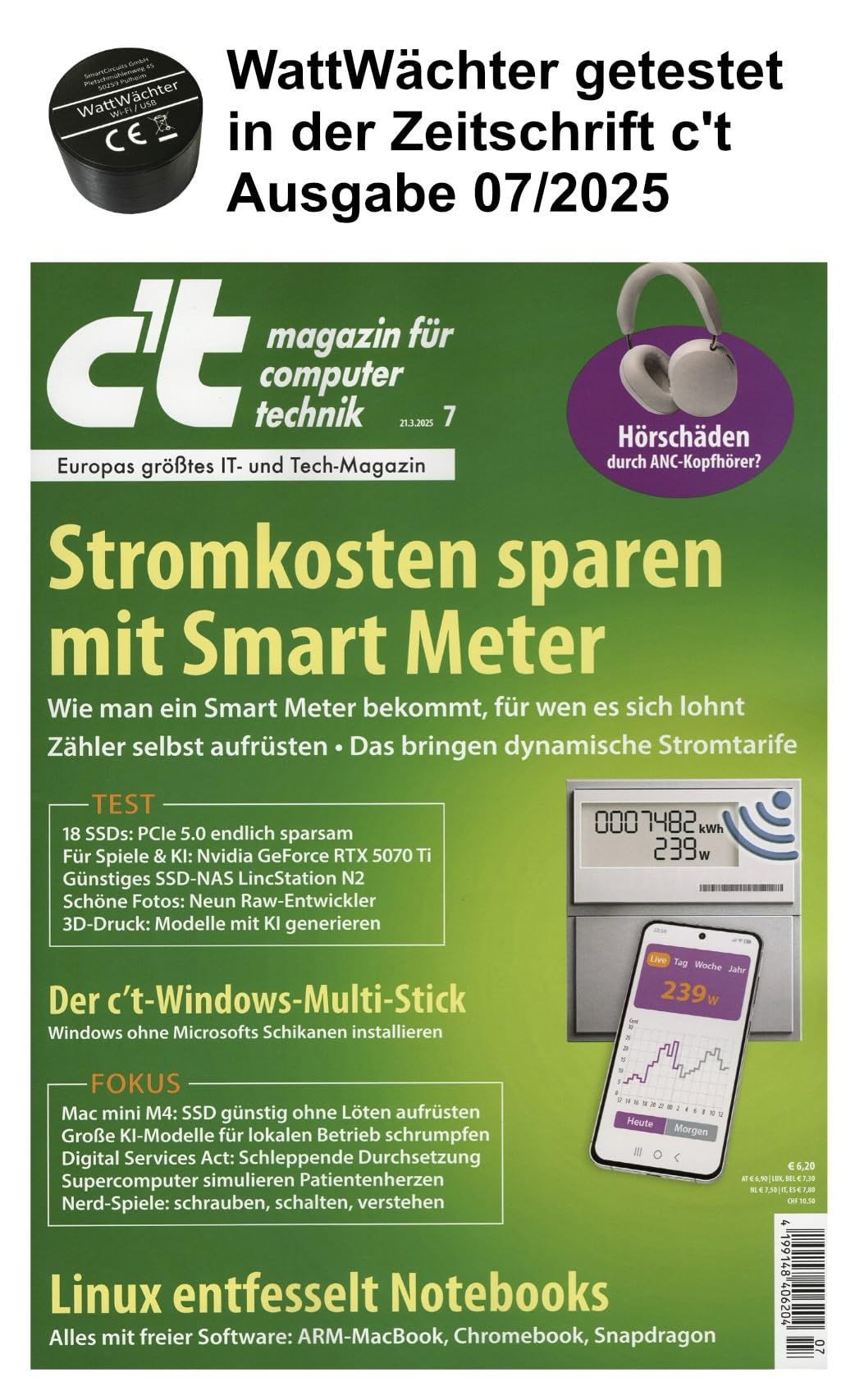 WattWächter - Cabezal de lectura por infrarrojos (Wi-Fi/USB, para contador de electricidad/SmartMeter/EHZ, Tasmota preinstalado, Wi-Fi, contador de cuentas)