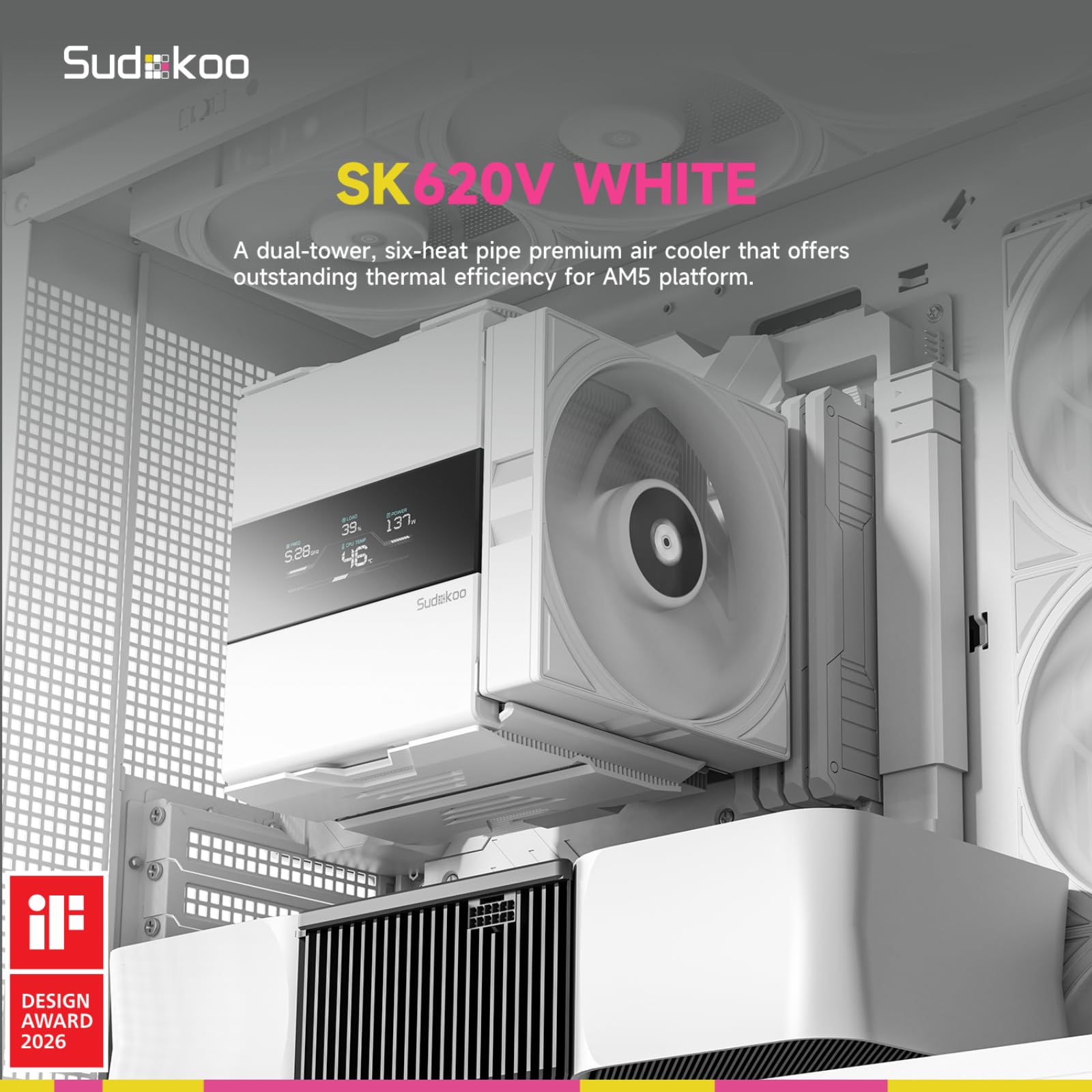Sudokoo SK620V Biały Chłodzenie Procesora: Ekskluzywne Chłodzenie Procesora AM5 z Wyświetlaczem Cyfrowym, 6 Rurek Cieplnych, Podwójna Wieża, Montaż Wsuwany, Cichy Wentylator 120mm PWM, 5 Lat Gwarancji