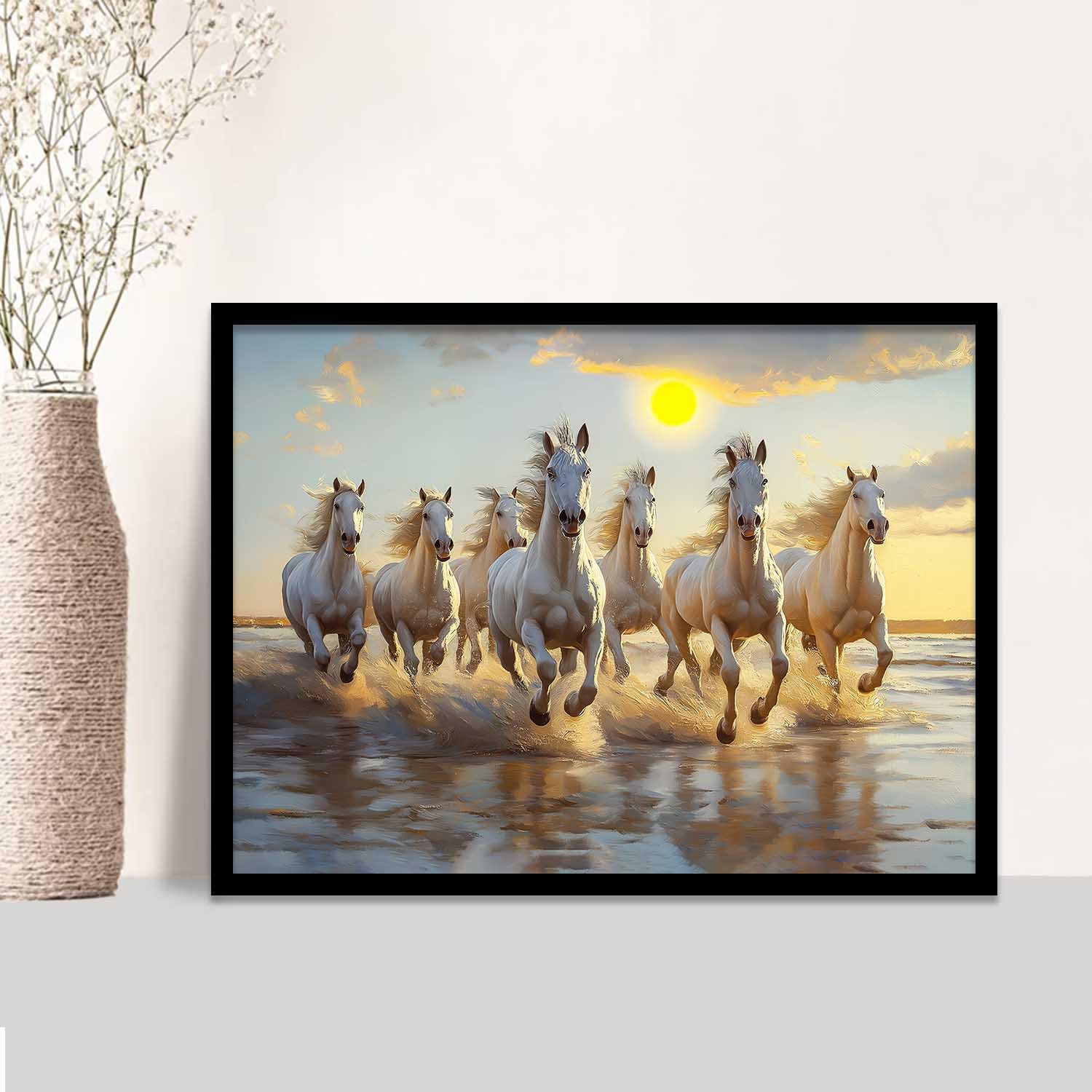 kotart Seven Running Vastu Lucky Horse | 7 Horses Vastu Frame Wall Art Painting for Living Room Bedroom Office Home Décor Rising Sun Painting Wall Décor Size 10×13 inch
