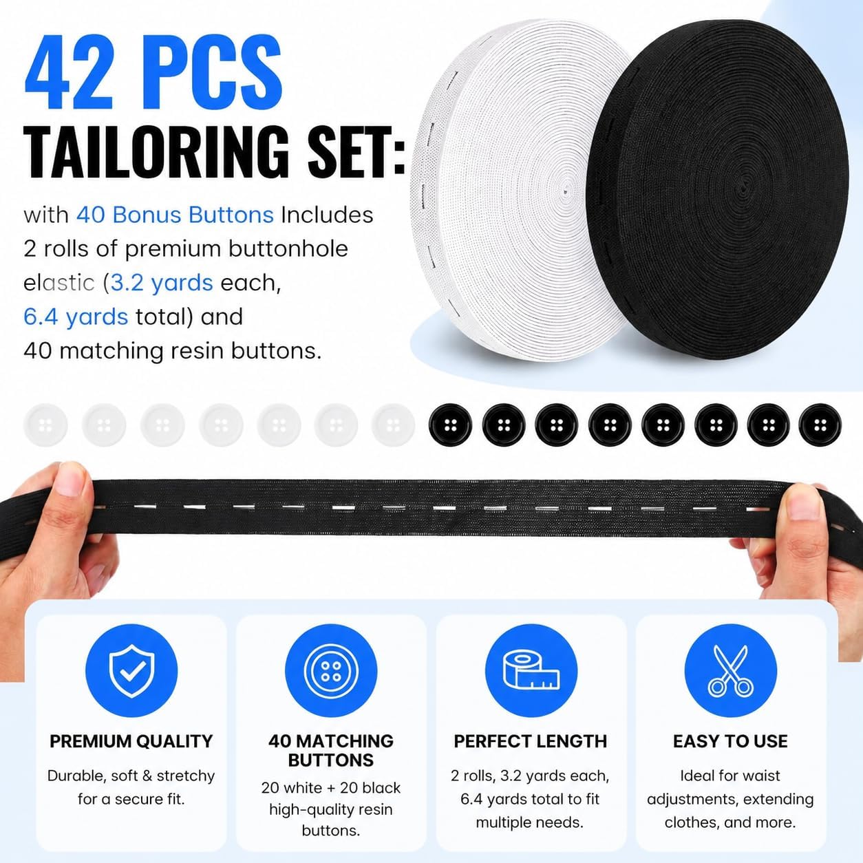 [2 Pack] Buttonhole Elastic for Sewing with 40 Buttons - 6.4 Yards Total | Black, White - 3/4" Adjustable Waistband Elastic Kit for Kids & Maternity - High Elasticity Knit Band for DIY Pants Repair