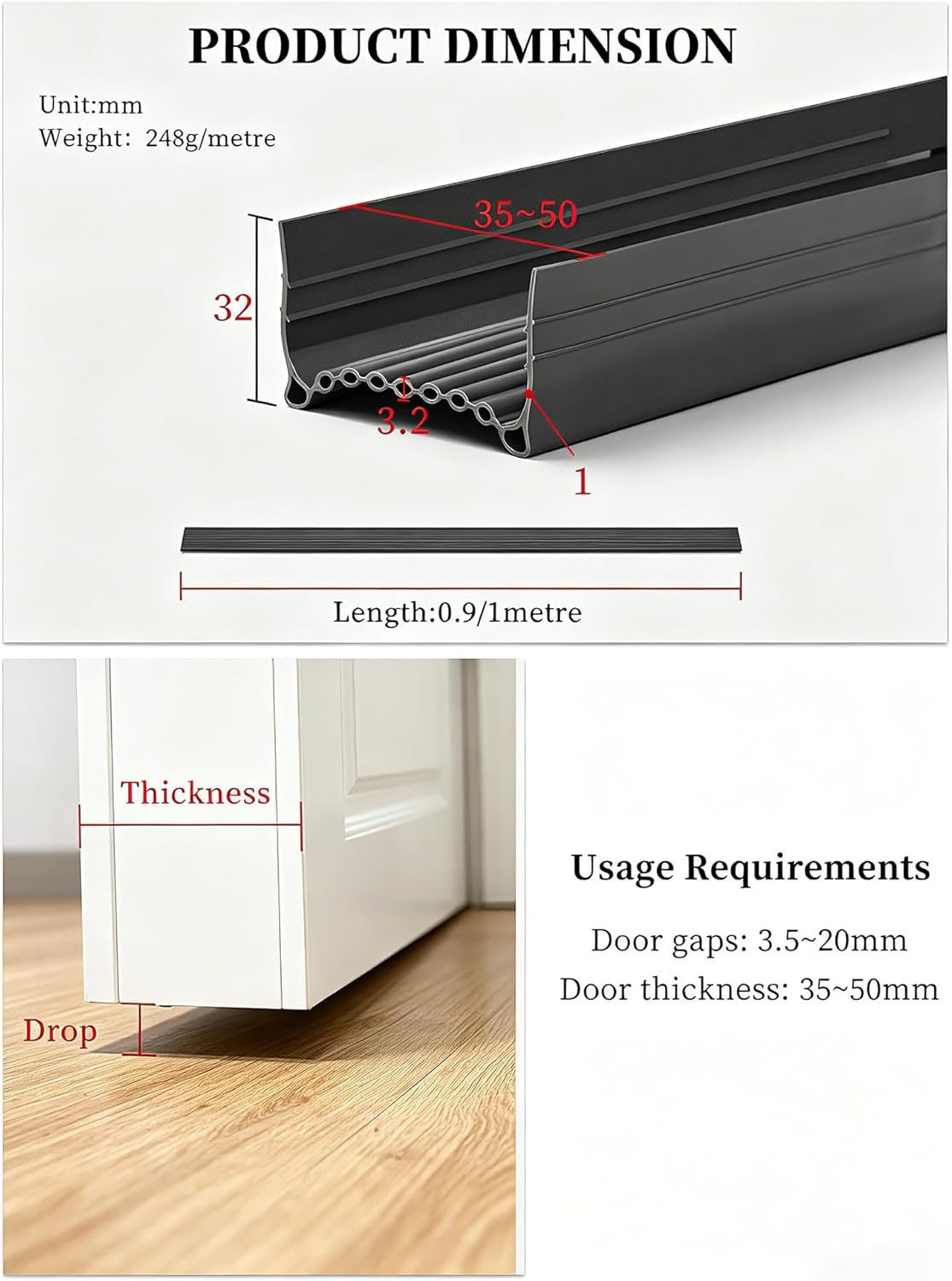 2 Pack Under Door Draft Stopper, Door Bottom Seal, Door Draft Excluder Strip, 39" Length Soundproof/Weather/Proof Draught Excluder for Doors (Brown)