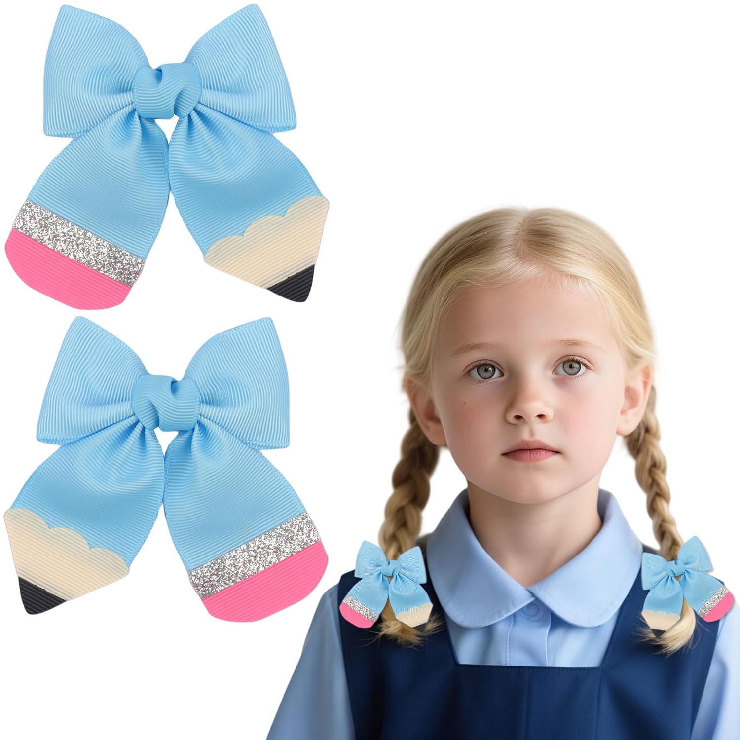 2Pcs Back to School Hair Clips Blue Pencil Hair Bows for Girls Cute Bowknot Hair Accessories Students Girls Alligator Hair Barrettes for School Opens Season Hairpins