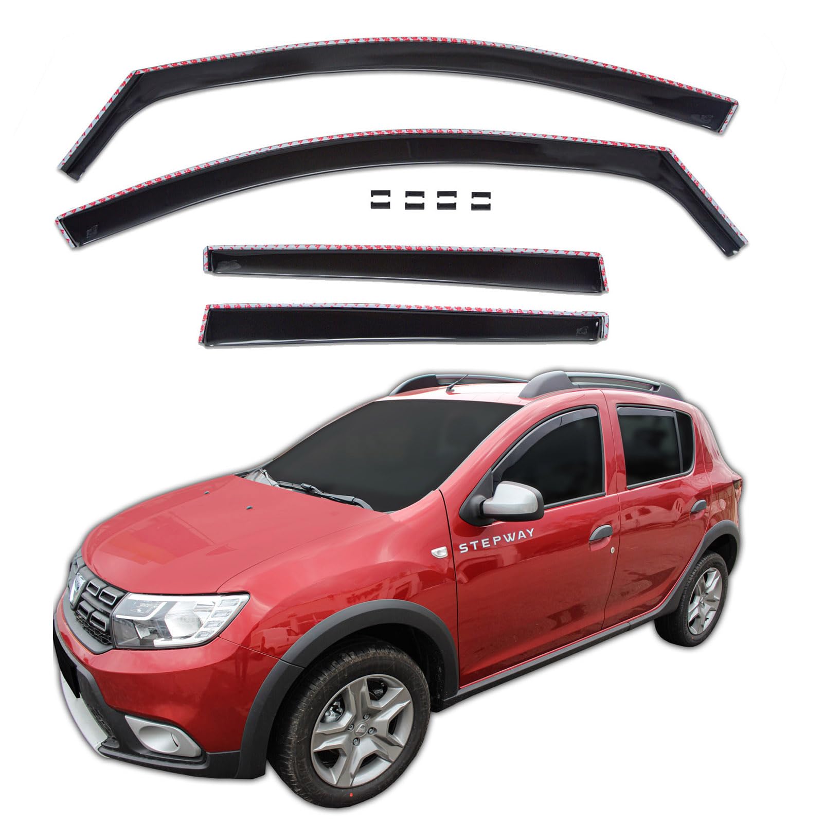 J&J Automotive GP Windabweiser passend für Dacia Stepway 2 2012-2020 4tlg, Vorne und Hinten Regenabweiser Passform Getönt Schwarz