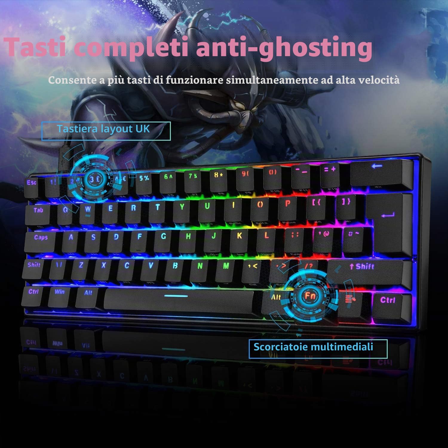 UK 61 60% Tastiera da gioco meccanica vera Tipo C Cablata 61 tasti Tastiera impermeabile USB retroilluminata a LED Retroilluminazione RGB Tasti anti-ghosting completi per computer/PC/laptop/MAC