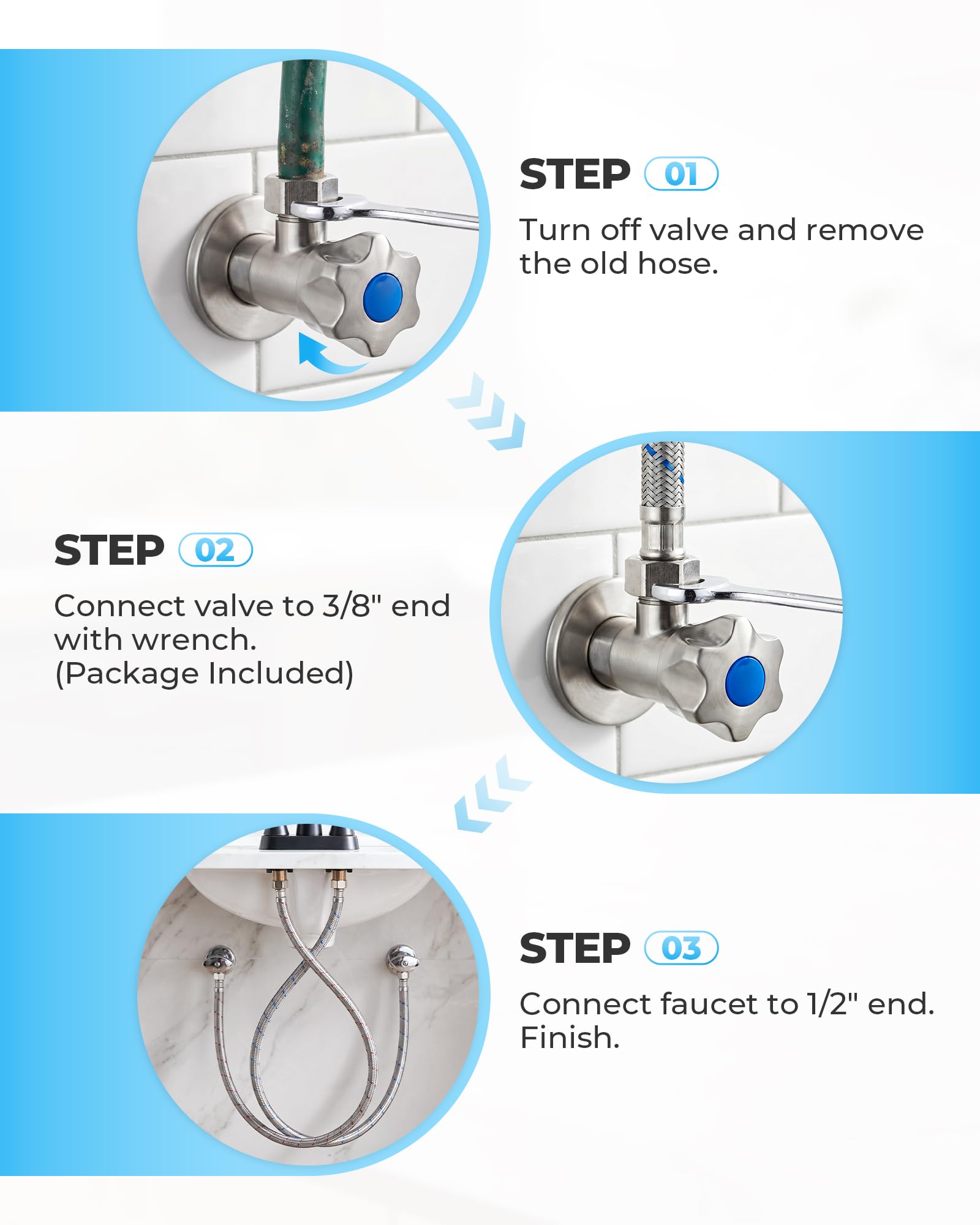 Conduites d'alimentation de robinet de 182,9 cm : connecteur de tuyau flexible tressé en acier inoxydable – Compression de 0,95 cm x 1,27 cm – Conduites d'alimentation en eau FIP pour robinet