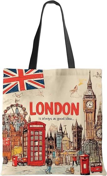 Canvas Tote Bag for London Souvenirs, Cotton Eco-Friendly Reusable Shopping Bags with Black Straps, British Gifts Souvenir Gifts from UK for Travel Memorial, Daily Errands, Commute & Casual Outings
