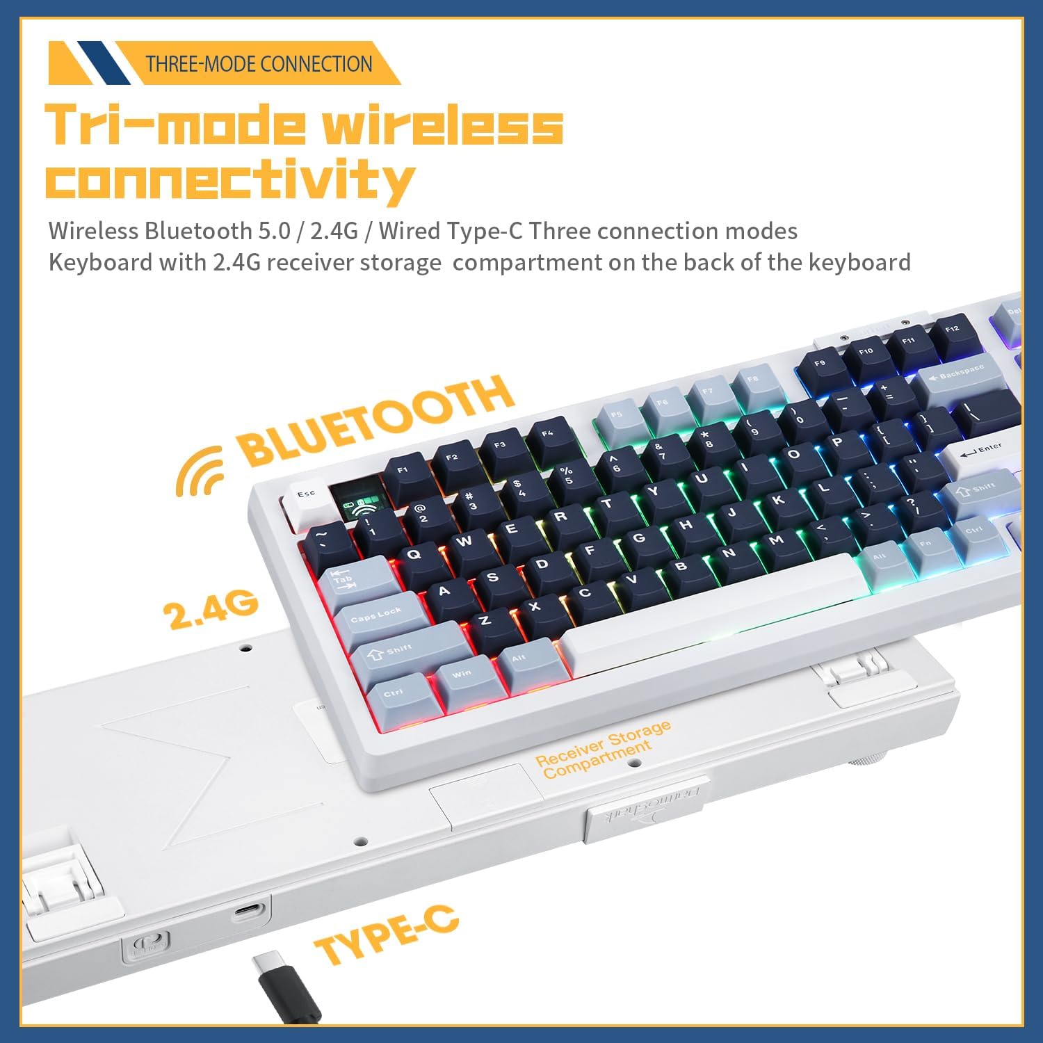 Close-up of the Darmoshark TOP98 keyboard showing tri-mode wireless connectivity options: Bluetooth, 2.4G, and USB-C.