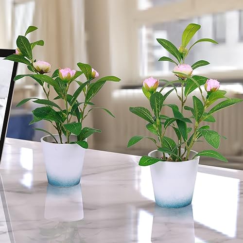 Miniatura 4 de Zuvas Plantas falsas pequeñas flores artificiales en maceta, camelia rosa seda en maceta, mini plantas sintéticas, decoración de vegetación para el