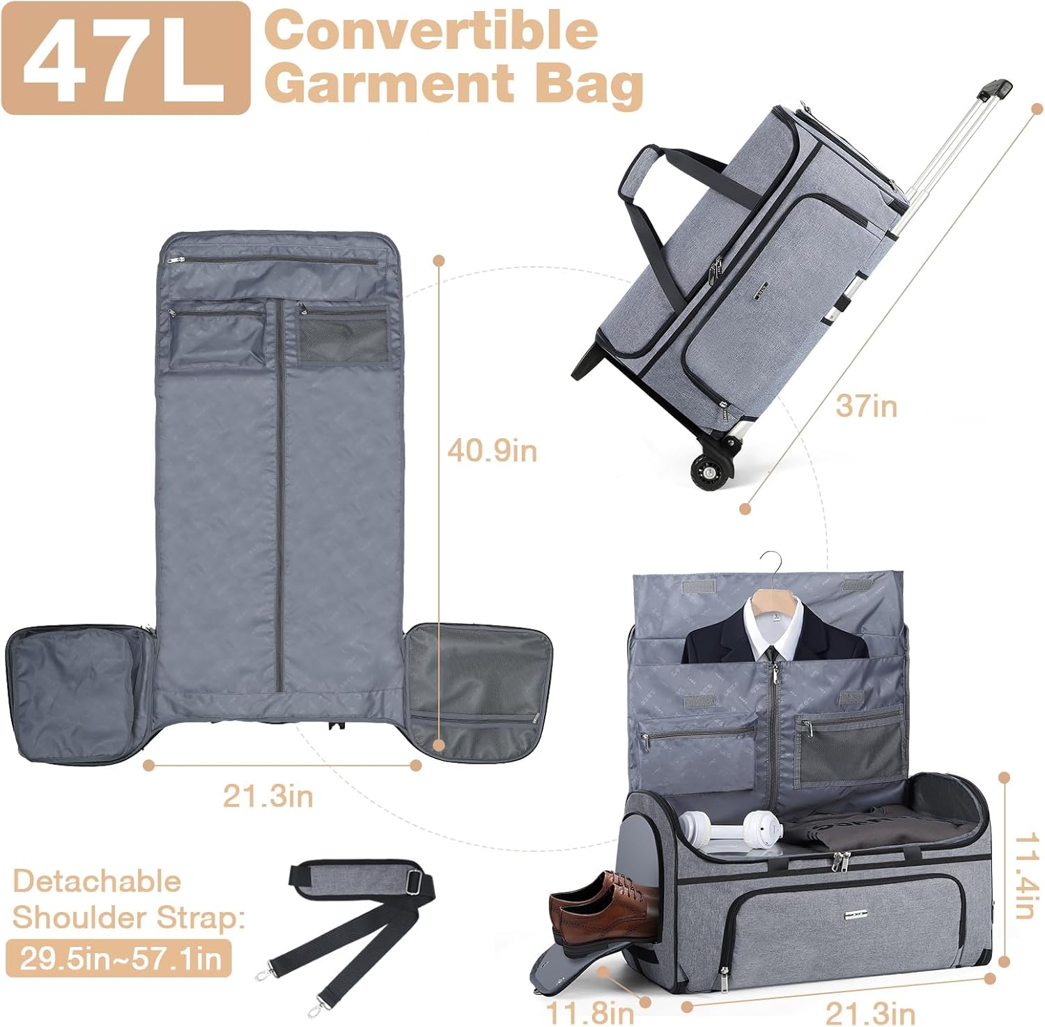 Garment Bags with Wheels, Garment Convertible Weekender Bags, Large Garment Bags for Travel, Duffle Luggage Bag Garment Bag (Grey, Medium) - Image 2