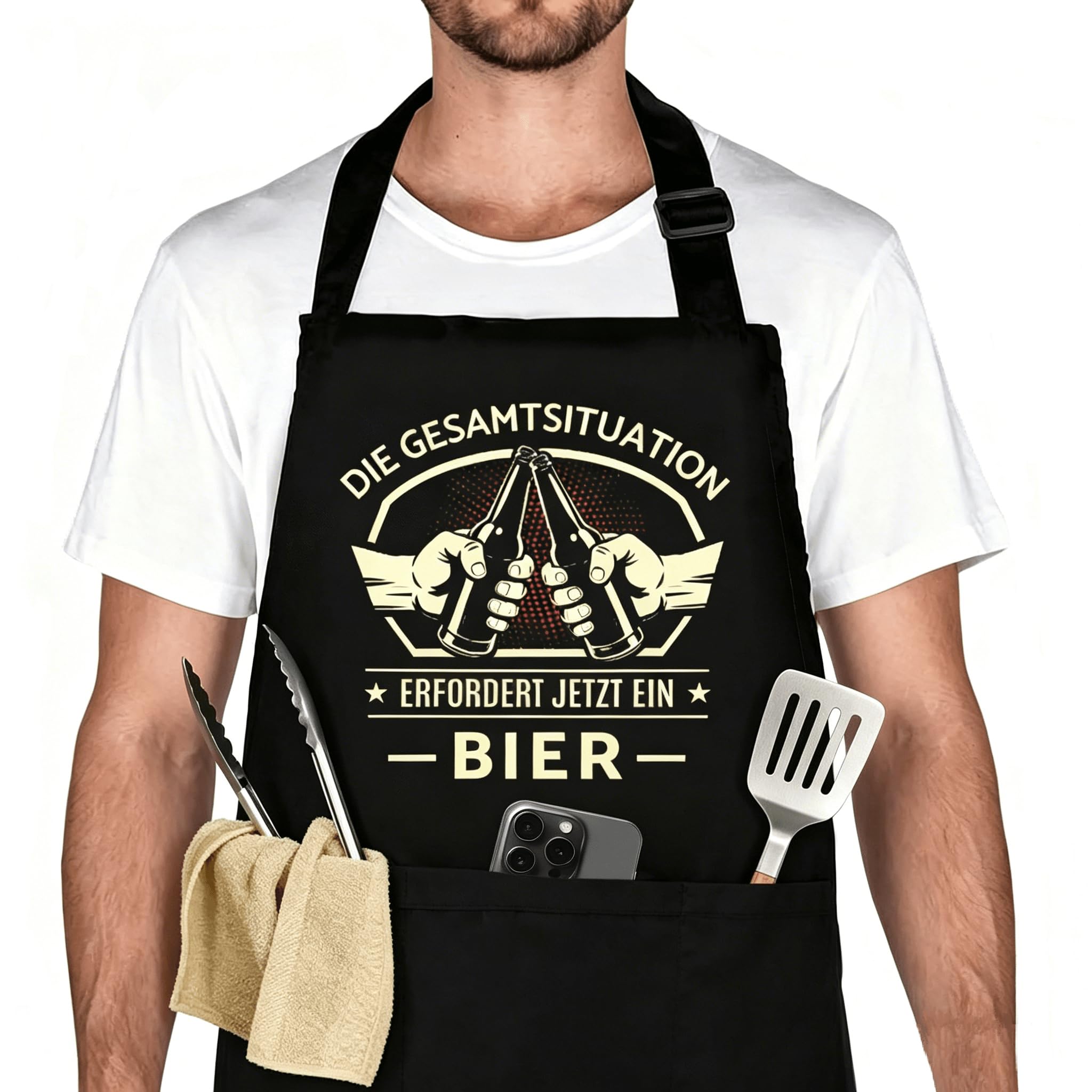 Belillpipi Kochschürze Männer Damen Schwarz, Verstellbare Kochschürze Damen mit 3 Taschen, Grillschürze Geschenke Schürze für Frauen Mann Geburtstag, Muttertag, Vatertag, Weihnachten