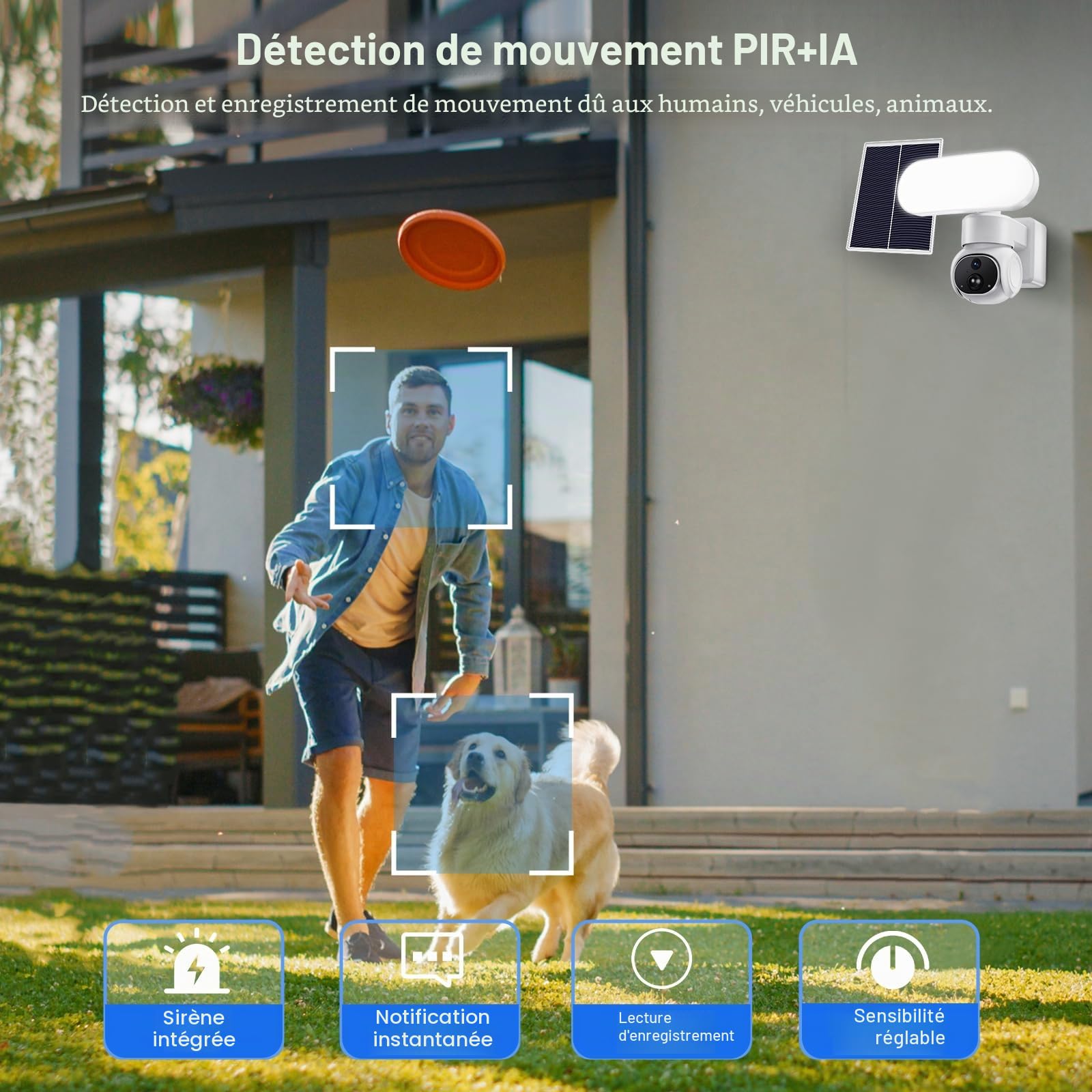 Cadrim 2K Camera Surveillance WiFi Exterieure sans Fil Solaire avec MicroSD 64 Go, 2.4GHz Camera Exterieur avec Panneau Solaire,360° PTZ,Vision Nocturne Couleur, Audio Bidirectionnel, PIR Sirène, IP65