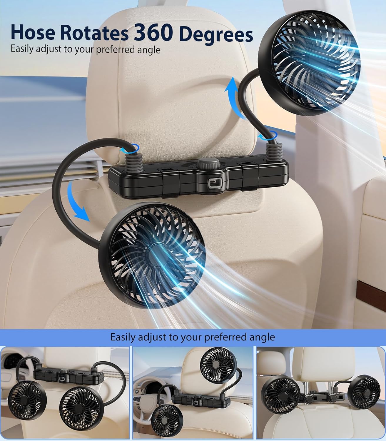 Dual Head Gooseneck Car Cooling Fans for Back Seat for Kids, 3000mAh Battery Powered Rechargeable Usb Car Headrest Fan for Baby Rear Facing, Car Seat Cooler That Blow Cold Air for Vehicles