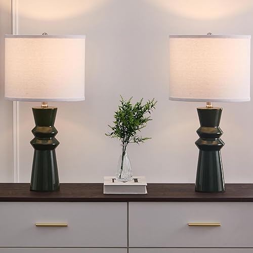 Miniatura 4 de Juego de 2 lámparas verdes de 24.75 pulgadas para sala de estar, lámparas de mesa de cerámica verde para dormitorio, juego de 2, lámpara de noche