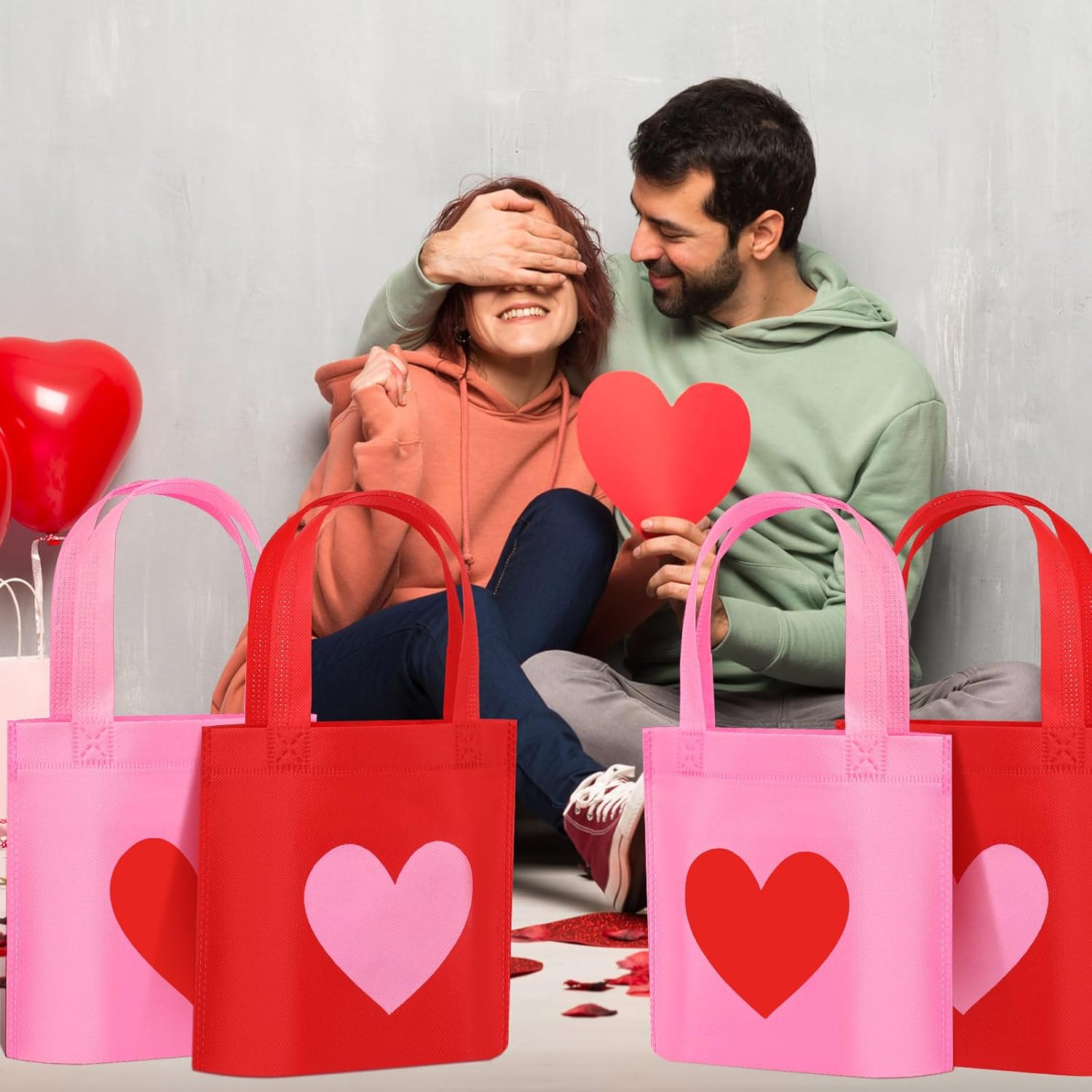 PerKoop 48 Pcs Reusable Valentines Gift Bags Heart Themed Goodie Candy Bags with Handles Non Woven Snack Wrapping for Business Shopping Retail Holiday Wedding Party Gift Supply Favor (Red,Pink) - Image 5