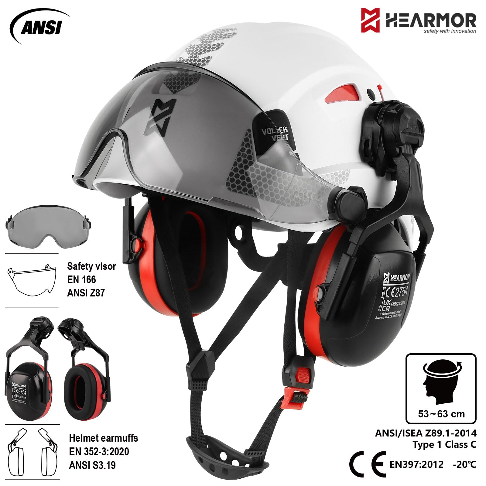 HEARMOR Kask ochronny 3 w 1 z ochroną słuchu i wizjerem, kask roboczy z certyfikatem EN 397 do prac leśnych, budowlanych i wspinaczkowych, łącznie z przenośną torbą i chłodzącą wkładką do kasku