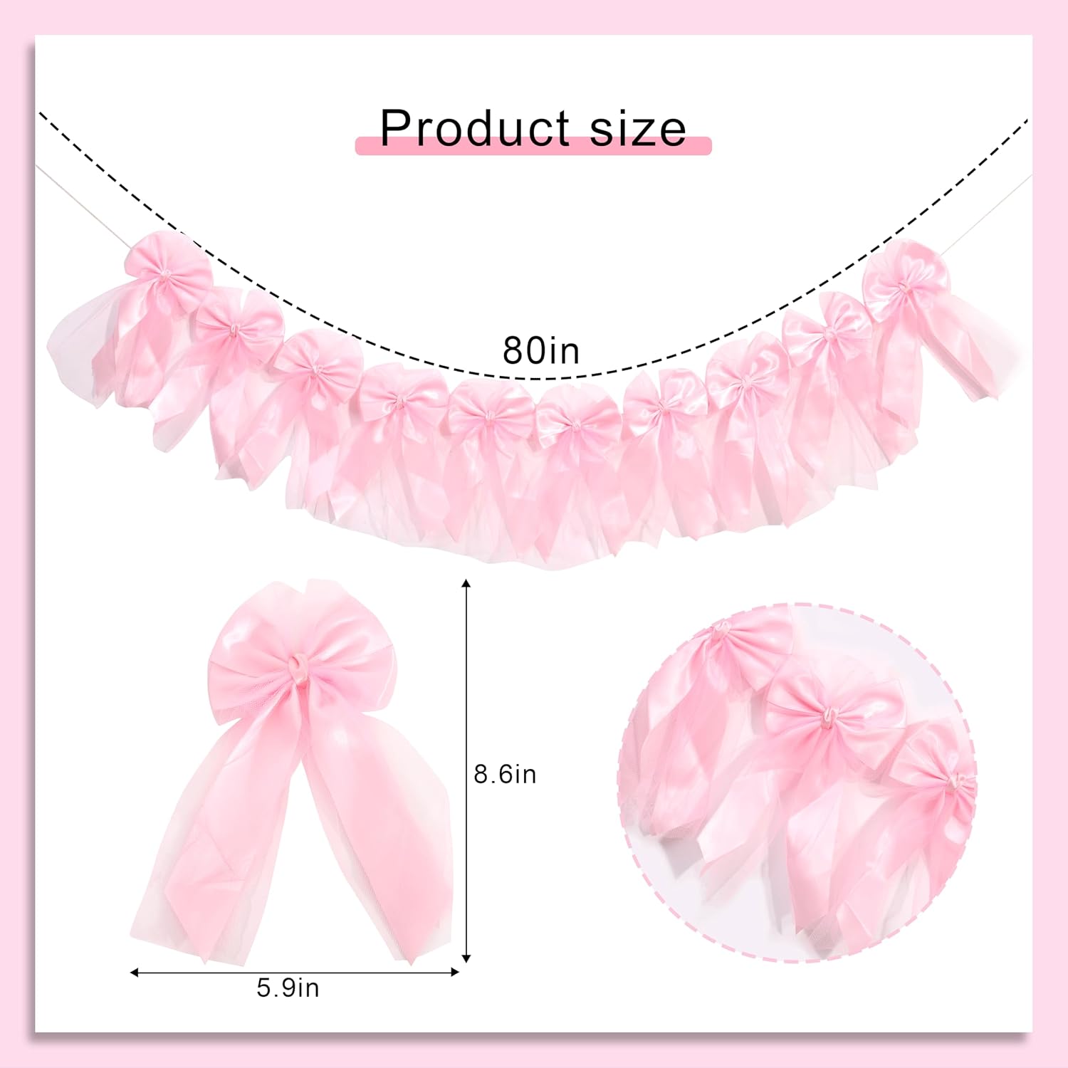 Pink Bow Coquette Garland - She's Tying The Knot Ribbon and Tulle Bow Garland, Bow Theme Birthday, Bachelorette,Baby Shower, Bridal Shower Decorations, Pink Bow Nursery Decor