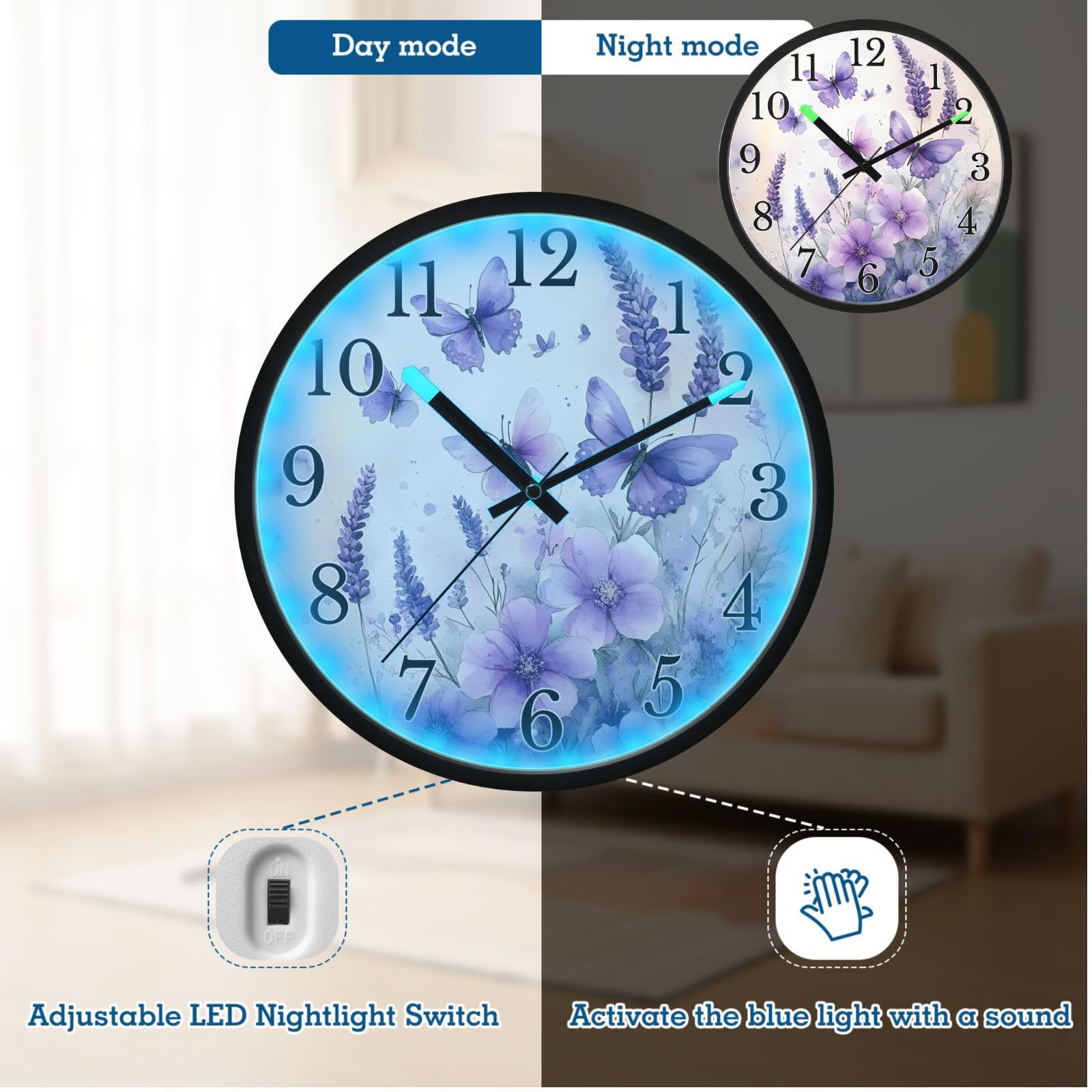 Mnsruu Reloj de pared luminoso con diseño de flores y mariposas, funciona con pilas, silencioso, brilla en la oscuridad, para sala de estar, cocina, 12 pulgadas