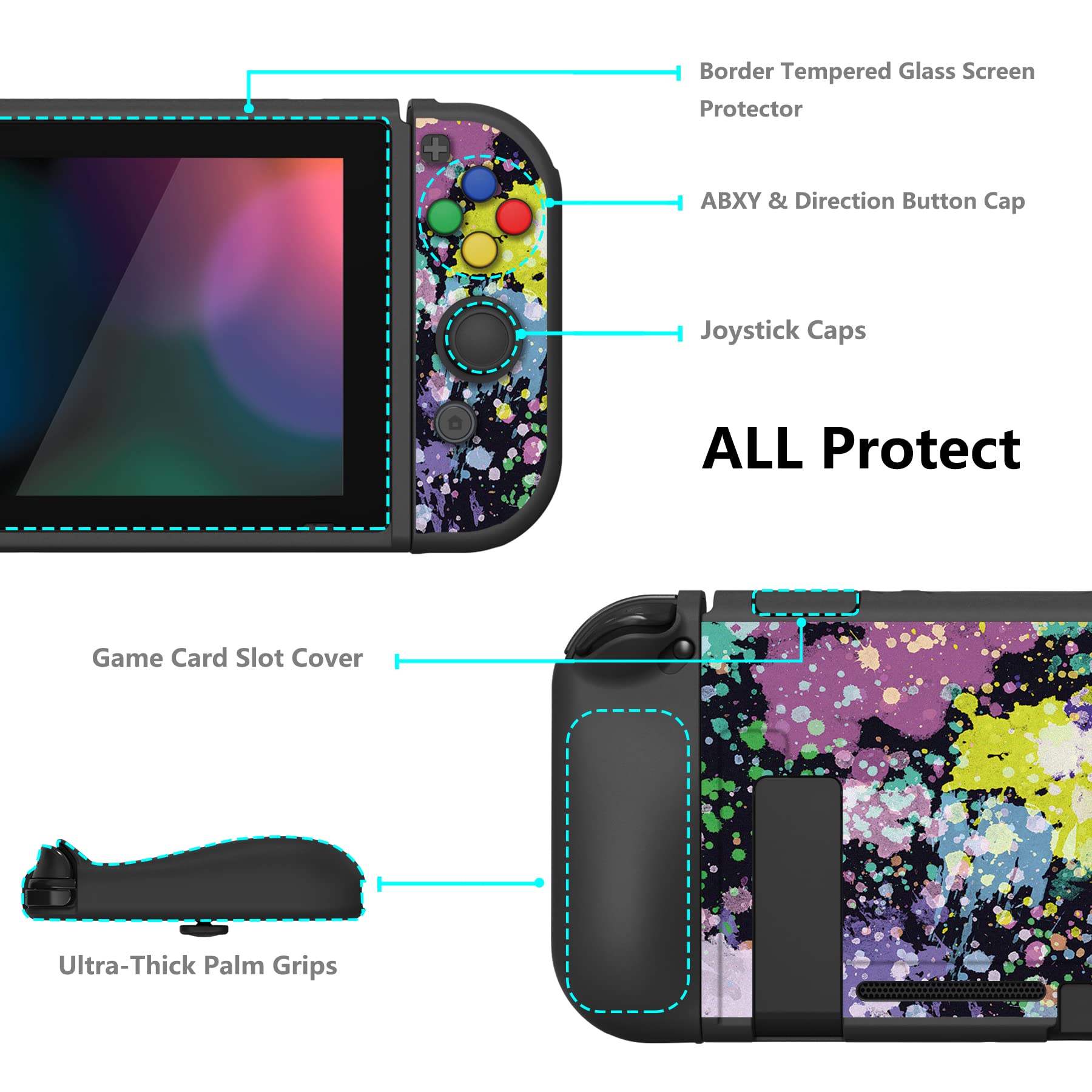 PlayVital ZealProtect Funda Protectora Suave para Nintendo Switch Accesorios Carcasa con Protector de Pantalla & Tapas de Agarre para el Pulgar & Pegatinas de ABXY Dirección Botón(Gatos en Piscina) - 5