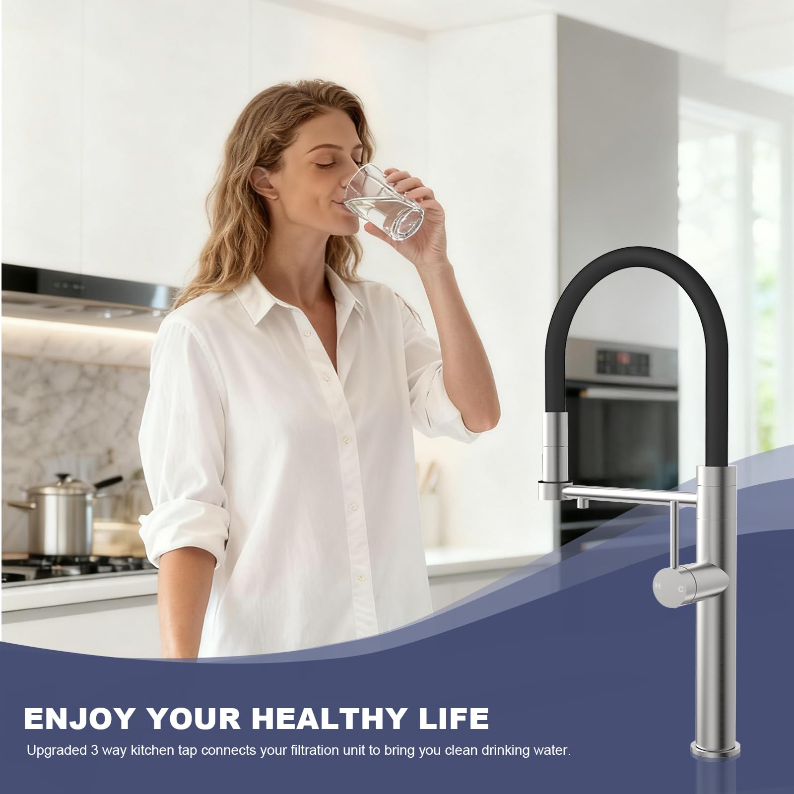 3 Wege Wasserhahn Küche, Einhebel 3 in 1 Küchenarmatur für Wasserfilter | Tohlar Armatur Küche mit Herausziehbarer Brause, 3 in 1 Mischbatterie, 360°Drehbar Küchenarmatur, Edelstahl Gebürstet