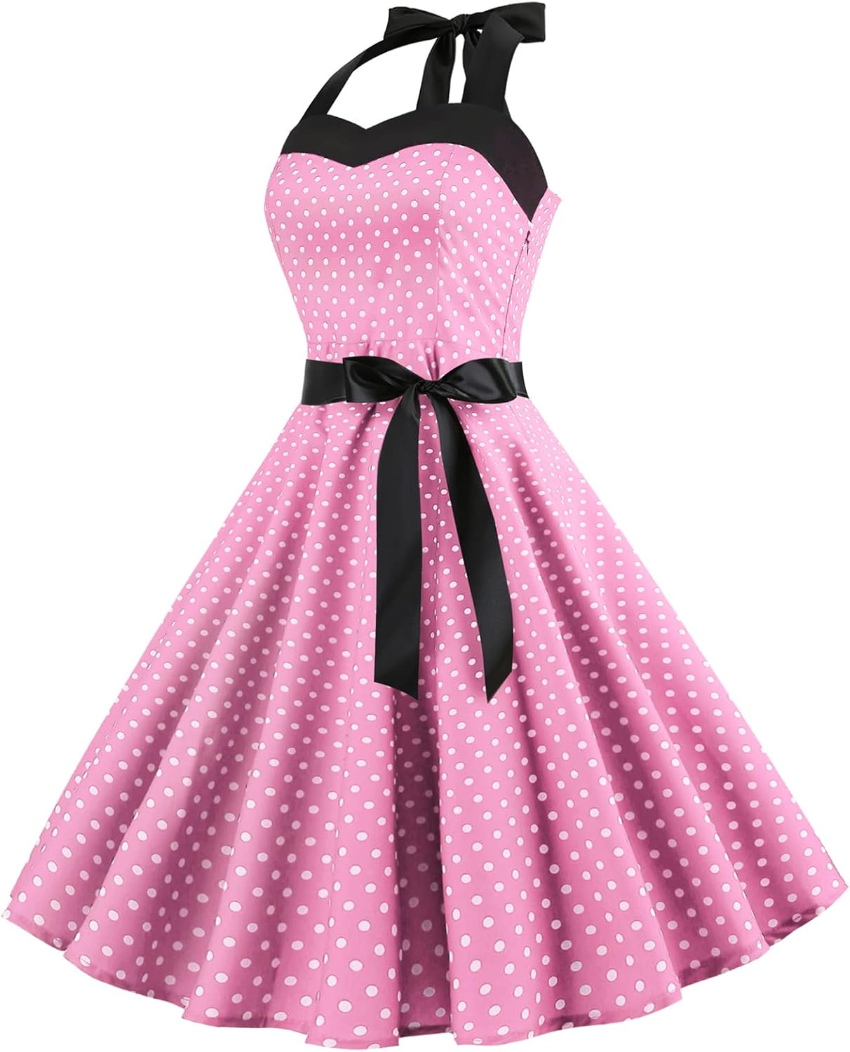 Women Halter Neck 50s Vintage Cocktail Party Swing Dress Retro Polka Dots 1950s Audrey Hepburn Rockabilly Prom Dress Pinup Spring Garden Short Flared A-Line Wedding Formal Tea Dress Pink-Halter L - Image 3