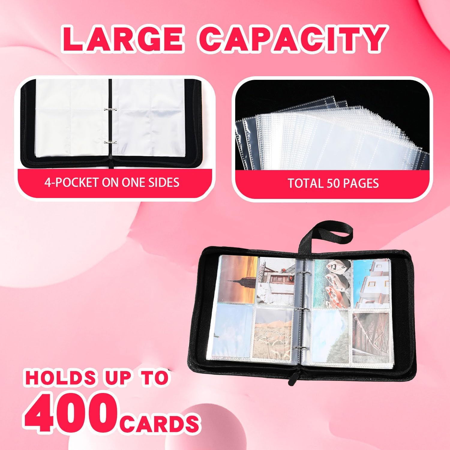 400 Card Binder for Trading Cards, 4-Pocket Card Holder with Zipper & Handle, PU Leather Design Album for Kids Collectible Card Storage (Graffiti style)