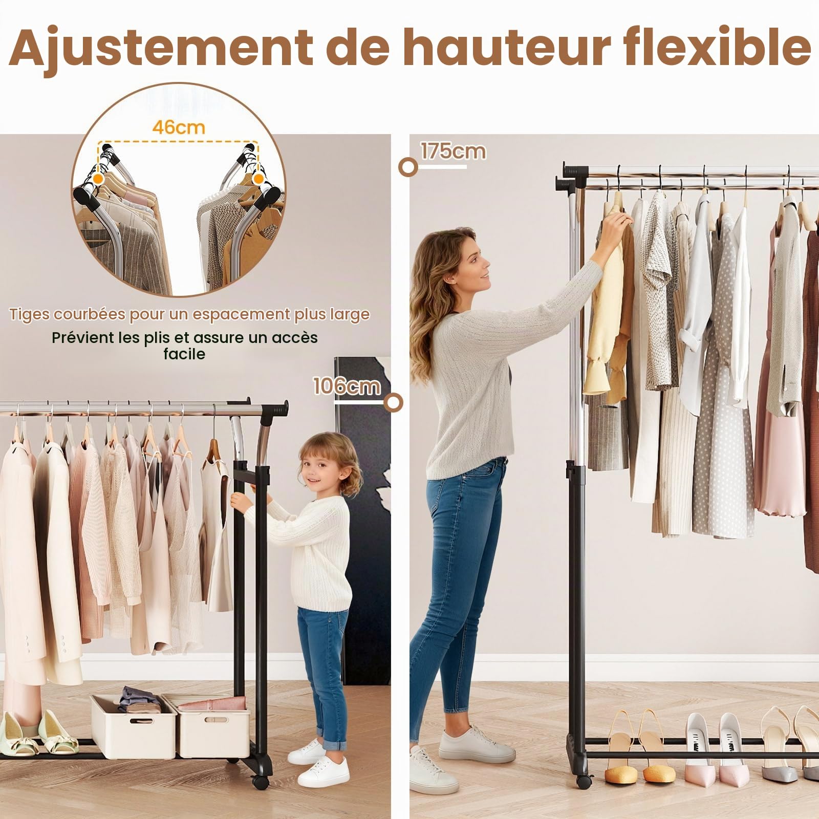 GIANTEX Portant a Vetements Double Tringle, Porte-vetements Portable avec Hauteur Réglable et Roulettes, Portant en Métal Robuste avec Roulettes pour Chambre, Buanderie, Vestiaire