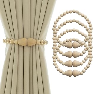 Magnetic Curtain Tiebacks 4 Pack Boho Curtain Holders for Drapes Wood Bead Curtain Tie Backs for Curtains Elegant Curtain Tiebacks for Bedroom, Boho Decor, Natural Wood