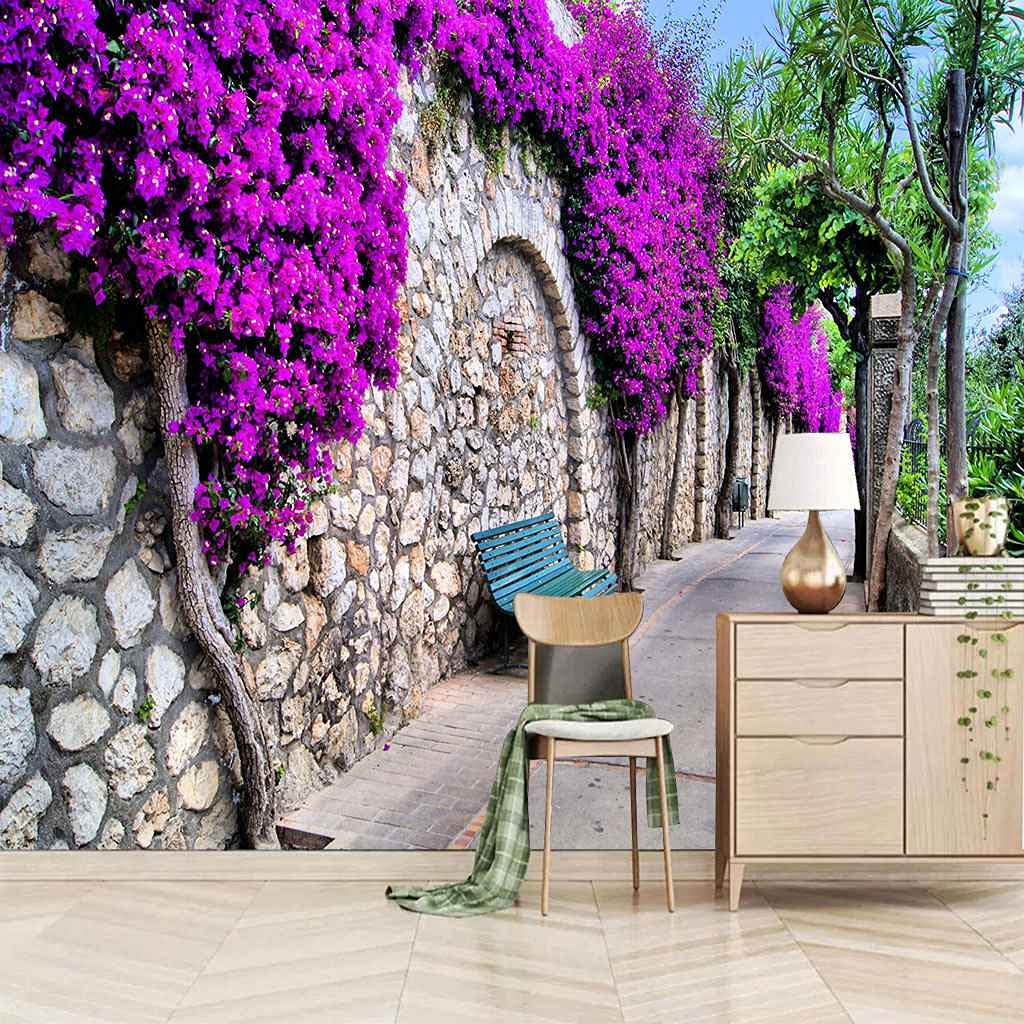 Papier peint toile auto-adhésif fleurs violettes 3D pour salon et deco chambre