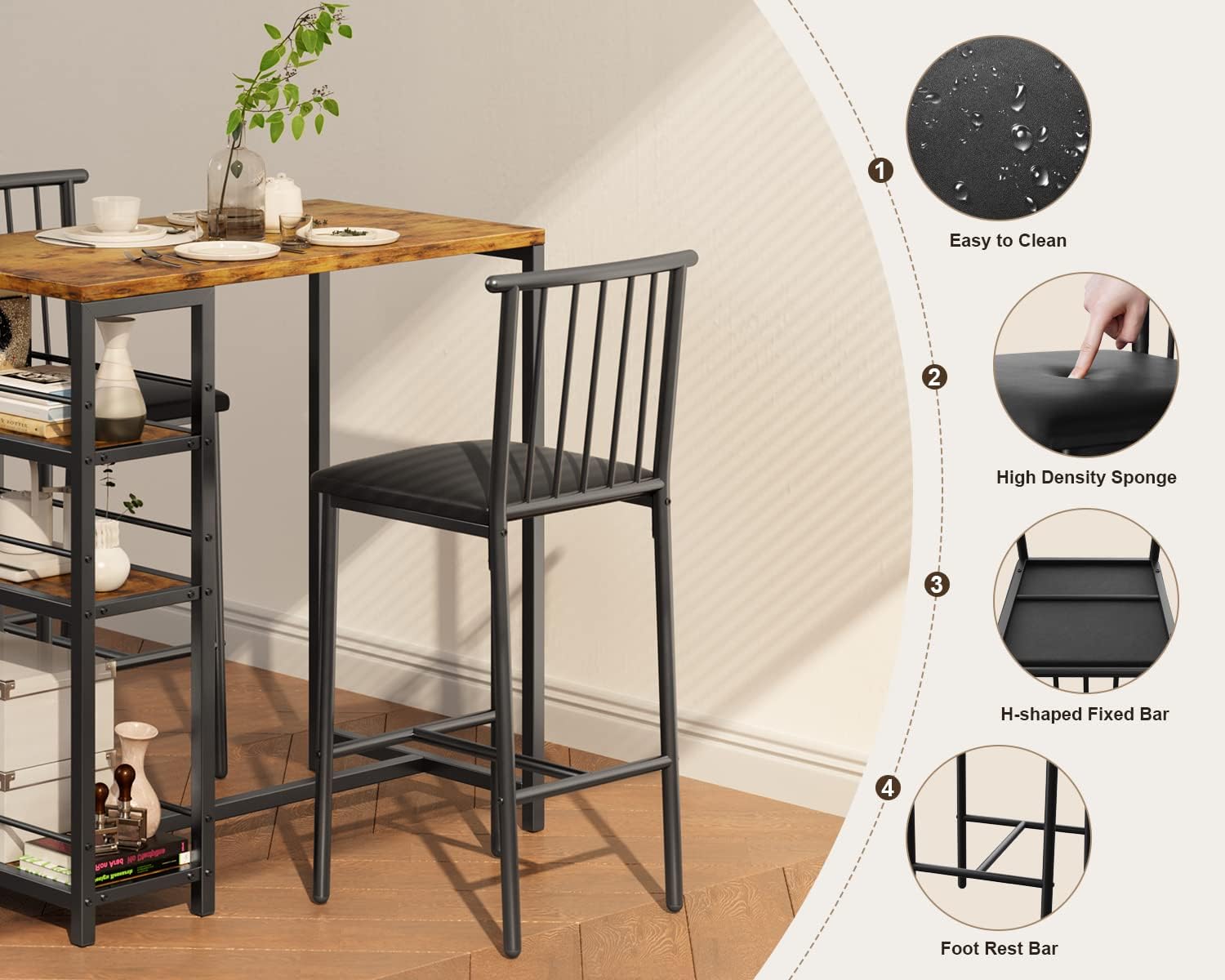 Gizoon Bar Table and Chairs Set for 2 with 3 Storage Shelves, Modern Pub Table Set with Pu Cushion Chairs & Thick Wood Top for Breakfast, 3-Piece Small Table for Kitchen - Retro