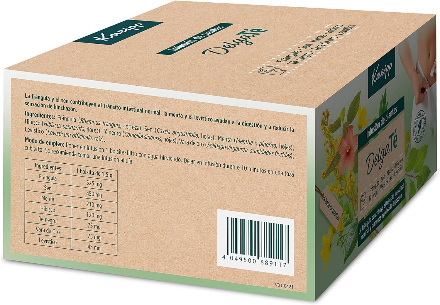 Kneipp DelgaTé, Infusión de Hierbas, Laxante Natural para Retención de Líquidos y Estreñimiento, con Manzanilla, Frángula, Menta, Sen, Hibiscus, Solidago y Levístico, 40 Bolsitas