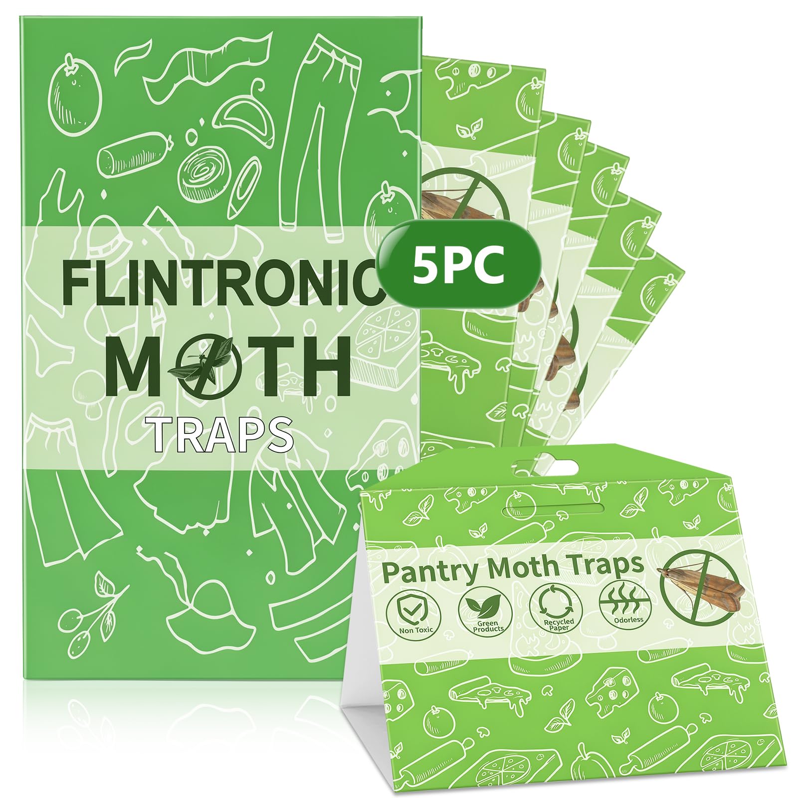 flintronic Pantry Moth Traps, 5 Pack Food Moth Trap, Non-Toxic and Odourless Sticky Pheromone Trap, Moths Catcher with No Insecticides, Monitoring Traps for Food and Cupboard Moths