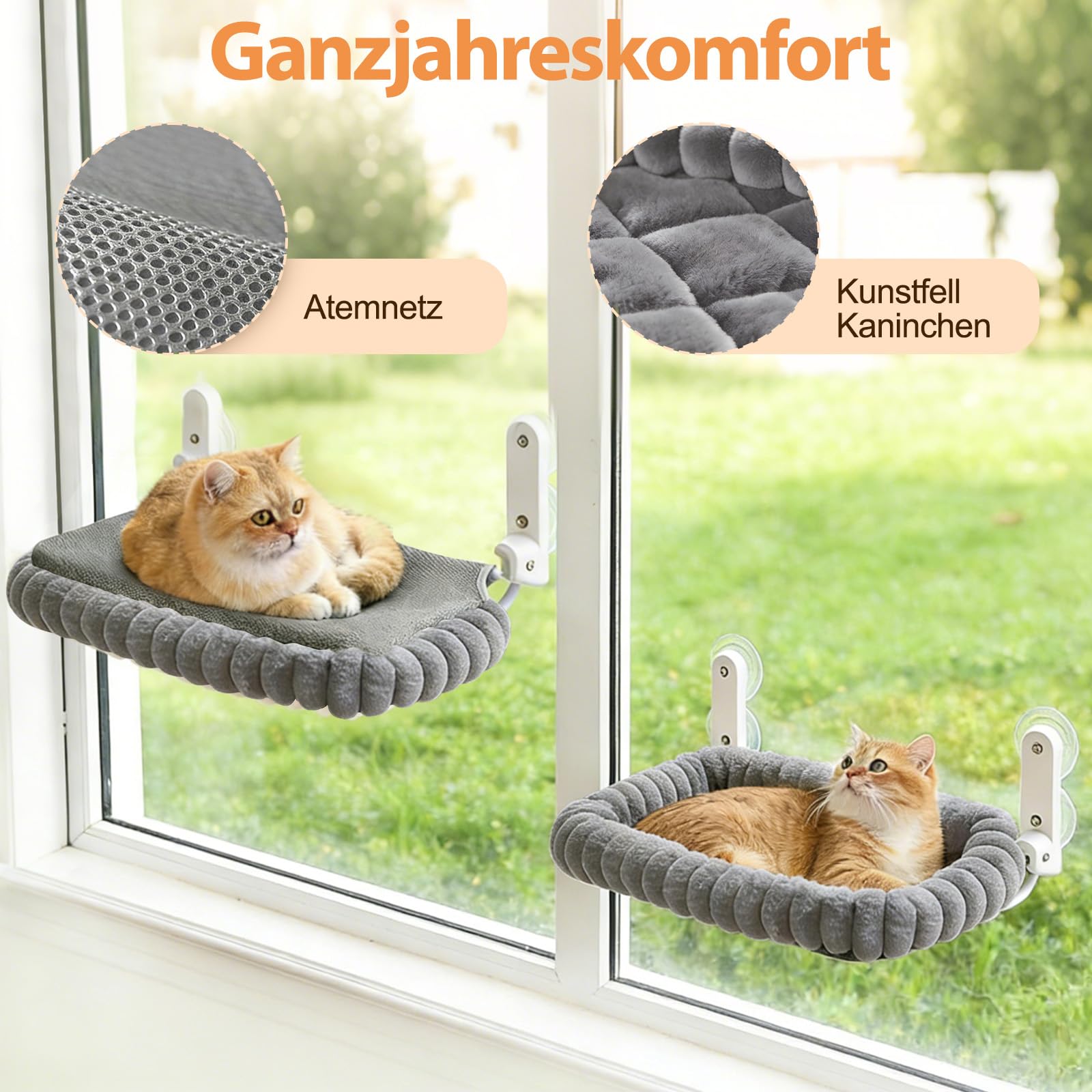 Katzen Fensterliege, Klappbarer Katzenbett Fenster Katzenliege Fensterbank Hängematte mit 4 Saugnäpfen, Abnehmbarem Wendebezug, Weicher Plüsch, Waschbares Bett für große Katzen & Kätzchen (Grau)