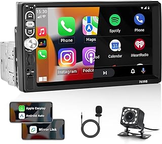 Single Din Car Stereo with Apple Carplay&Android Auto,7 Inch Touch Screen Car Radio with Bluetooth FM Mirror Link for iOS/Android AUX/USB/TF Car Multimedia Player+ Backup Camera&External Microphone