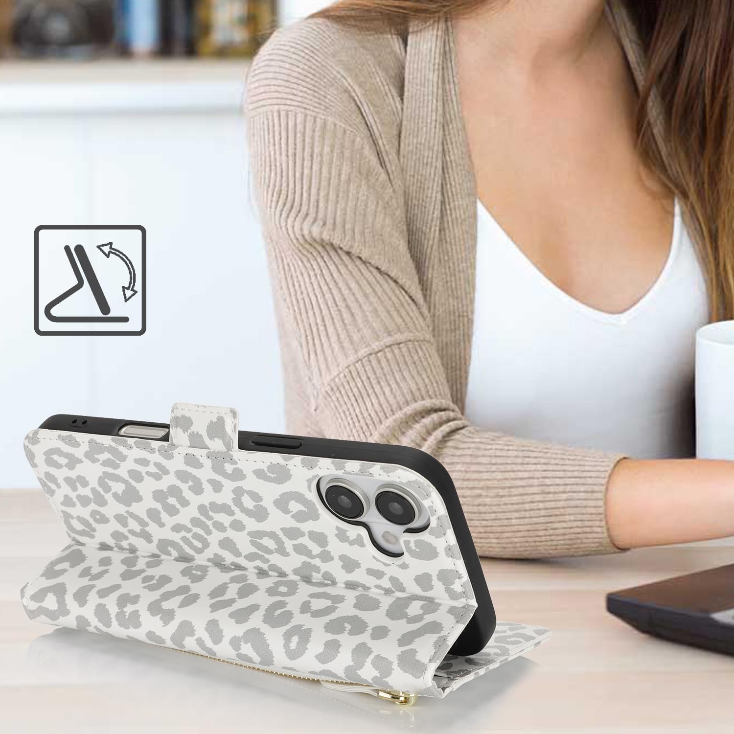 Ｈａｖａｙａ for iPhone 16 case Wallet with Card Holder Zipper for Women Men PU Leather Flip Folio Credit Card Slots Stand Shockproof Phone Cover(6.1")-White Leopard Print