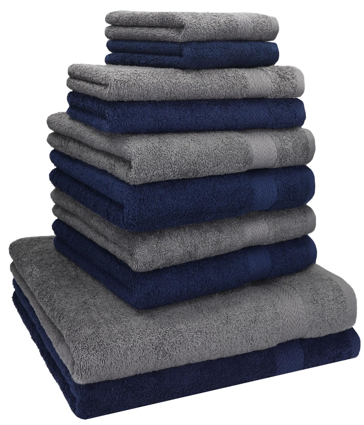 Betz Juego de 10 Toallas Classic 100% algodón 2 Toallas de baño 4 Toallas de Lavabo 2 Toallas de tocador 2 Toallas faciales Color Azul Oscuro y Gris Antracita