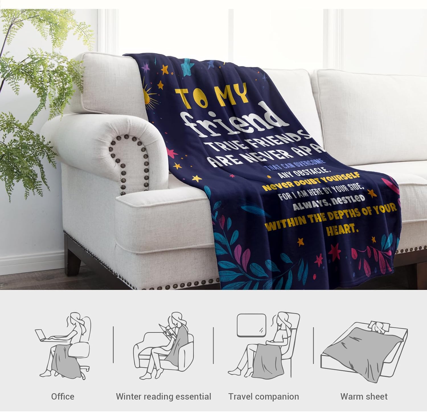 Jekeno Friendship Gifts for Women Men Sister Brother Coworker Best Friend Blanket for Birthday Christmas Party Colorful Star Leaf Print Presents Decor Home Couch Sofa Bed Soft Cozy Plush Throw 50"x60"