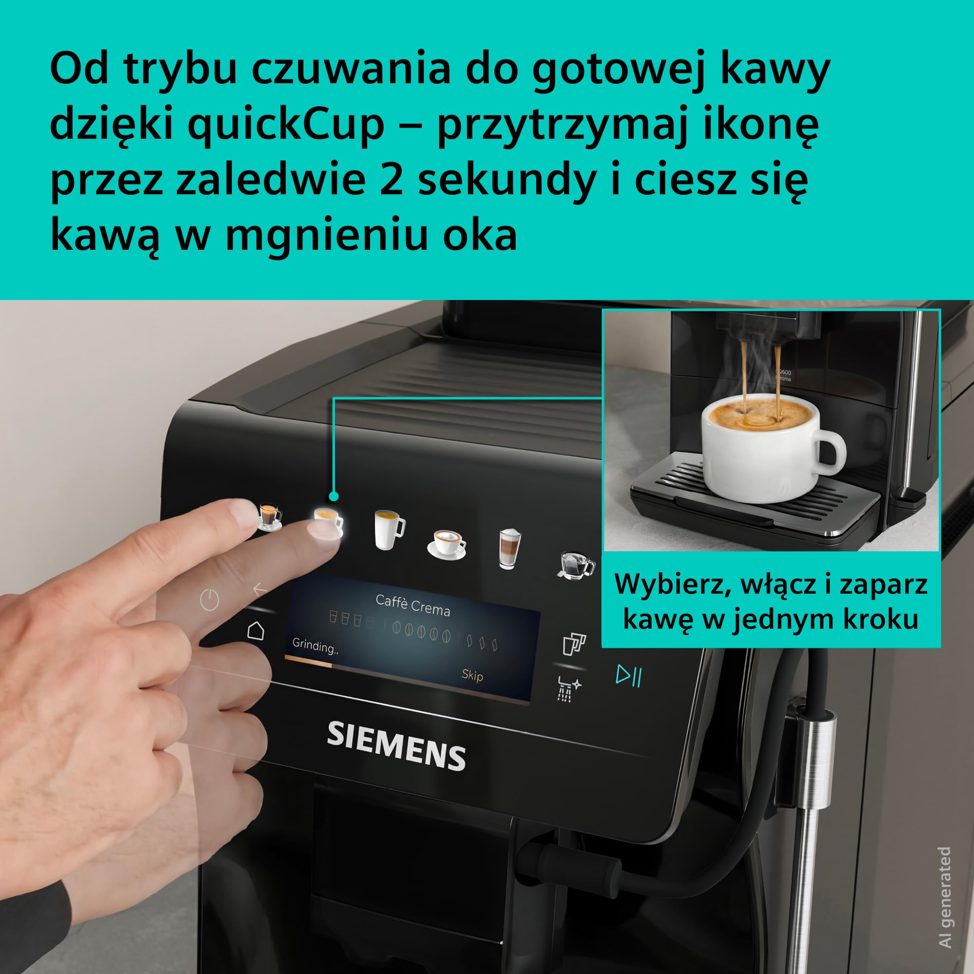 Siemens EQ600 iAroma, automatyczny ekspres do kawy z młynkiem i ekranem dotykowym, do kaw i napojów mlecznych do 480 ml, czarny, TP601E09