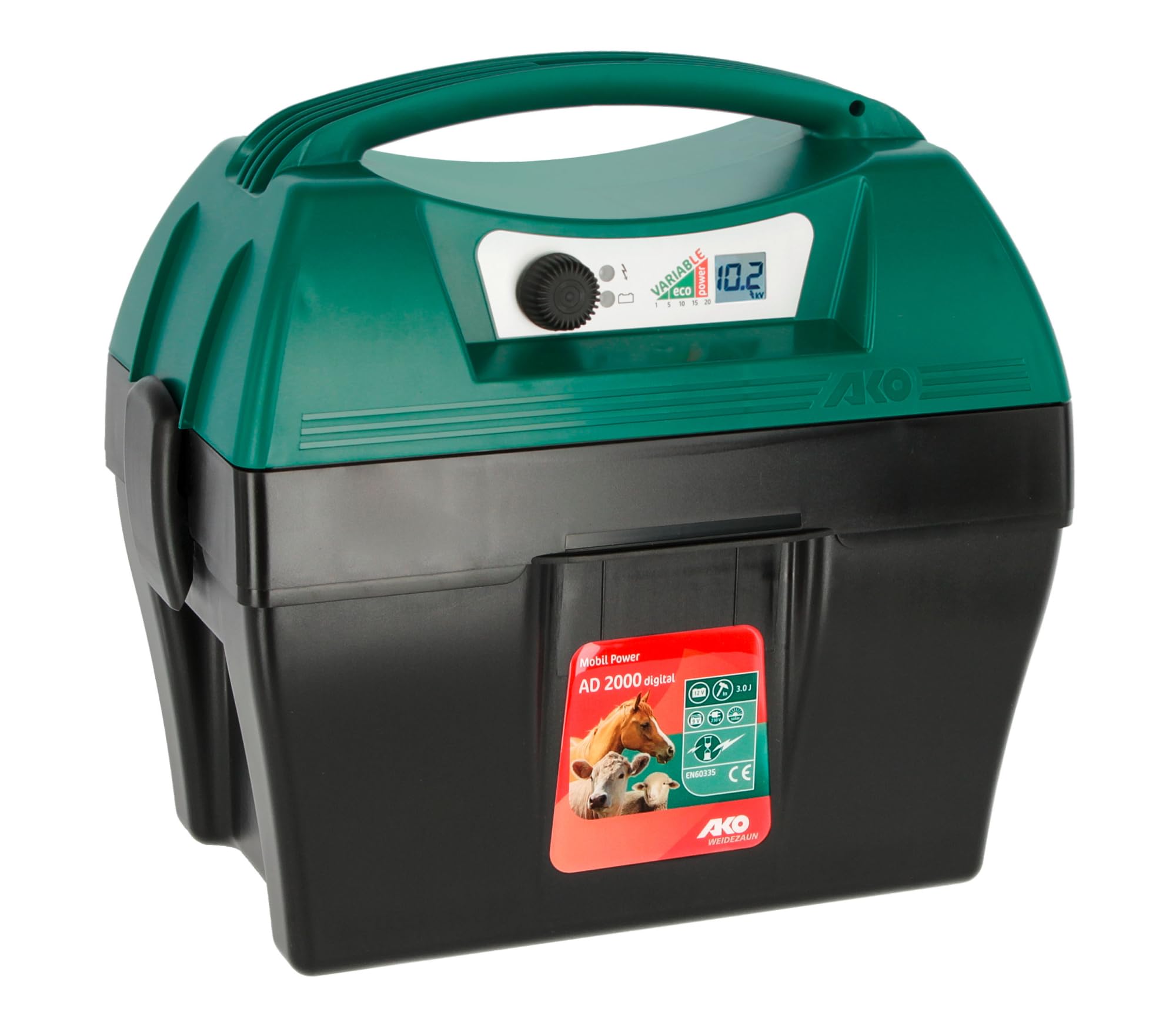 AKO Mobil Power AD 2000 Digital - Weidezaungerät 12V - für Zäune bis 8 km und mittlerem Bewuchs, mit Digitalanzeige & stufenloser Schlagstärke, ideal für Rinder, Pferde & Kleintiere, Made in Germany