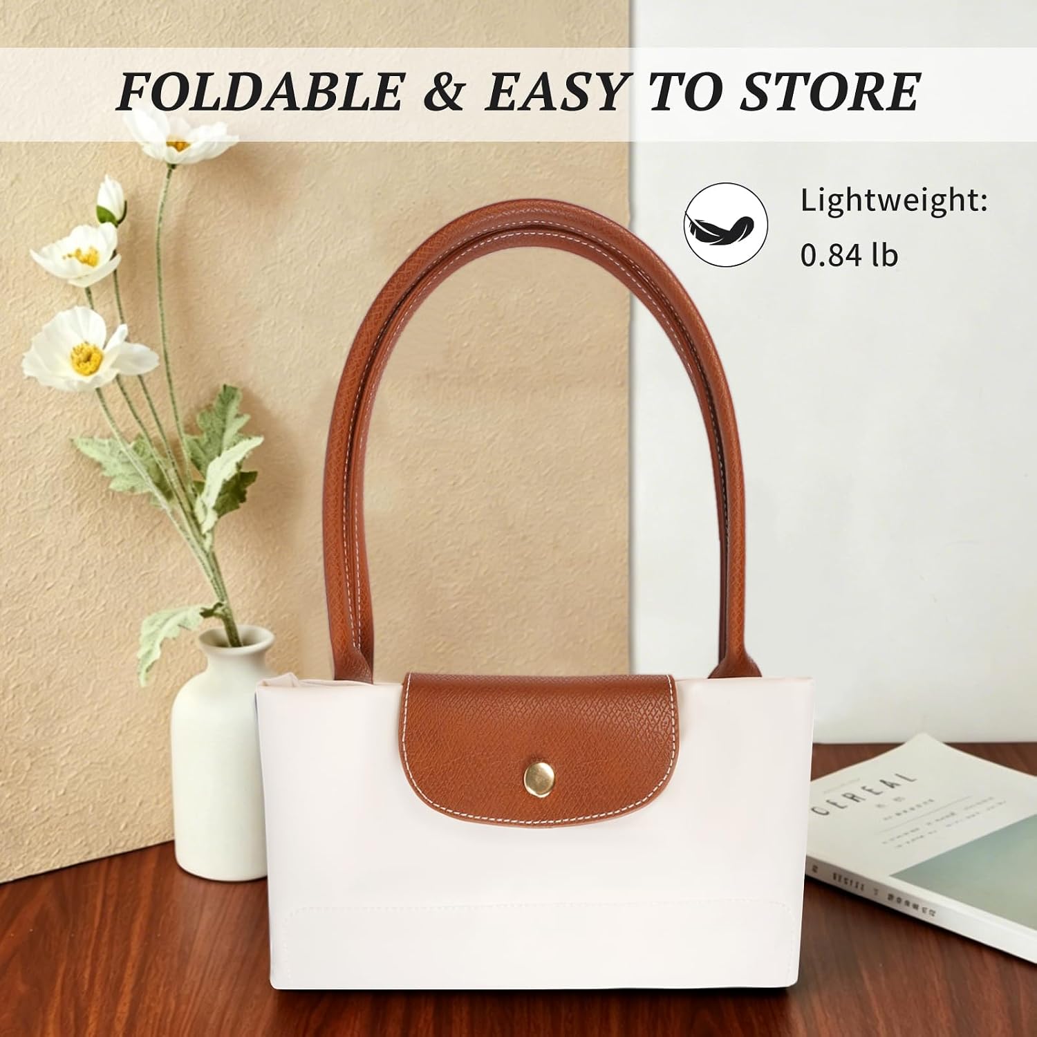 Tote Bag for Women Nylon Top-Handle Purse,Lightweight Large Capacity Shoulder Hobo HandBag with Zipper Leisure Foldable (Paper White, Large)