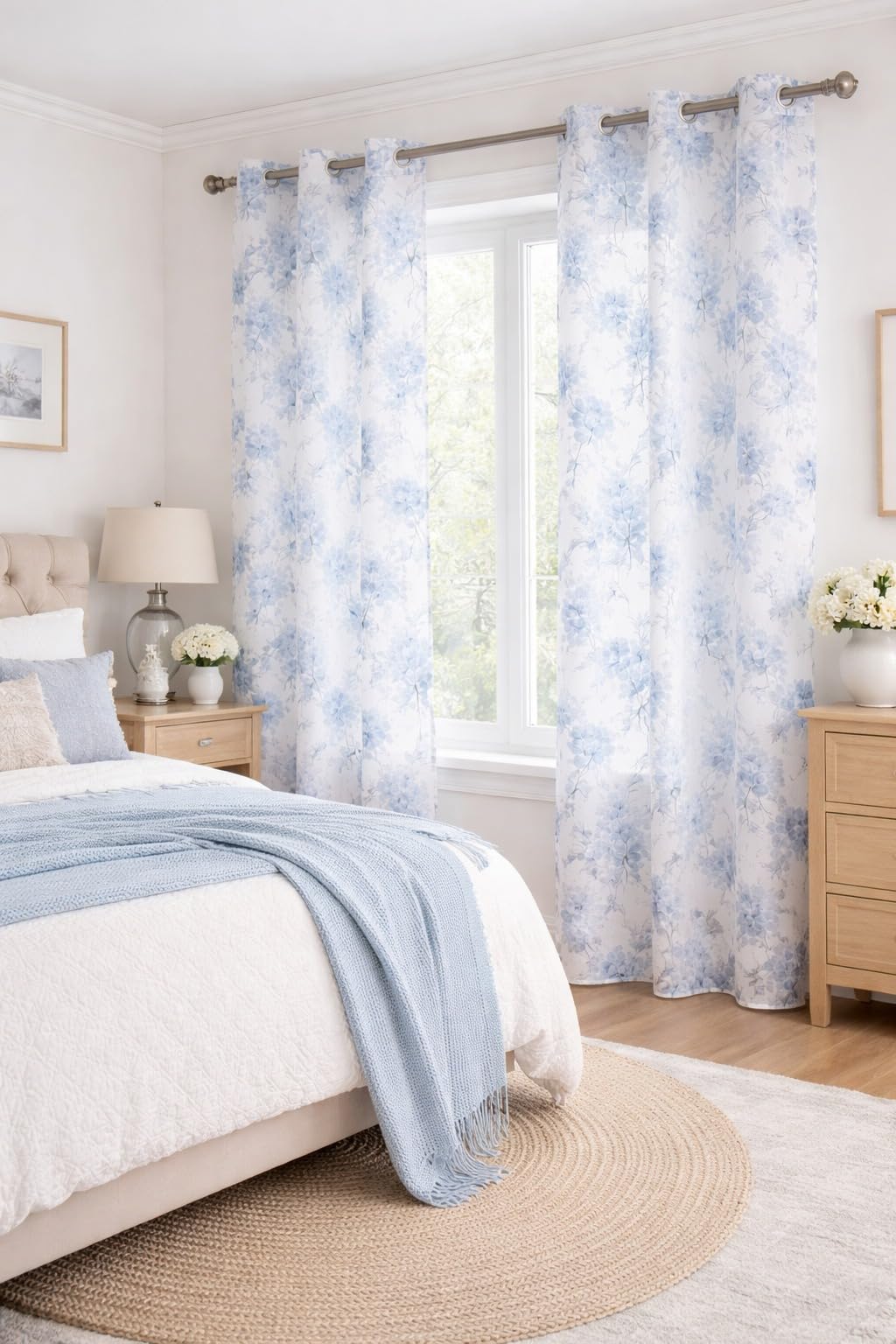 THE LINEN COMPANY Cotton Sheer Printed Curtain for Door Bedroom and Living Roonm Home dcor Set of 2 (07.5 Feet,Soft Blue Leaf)