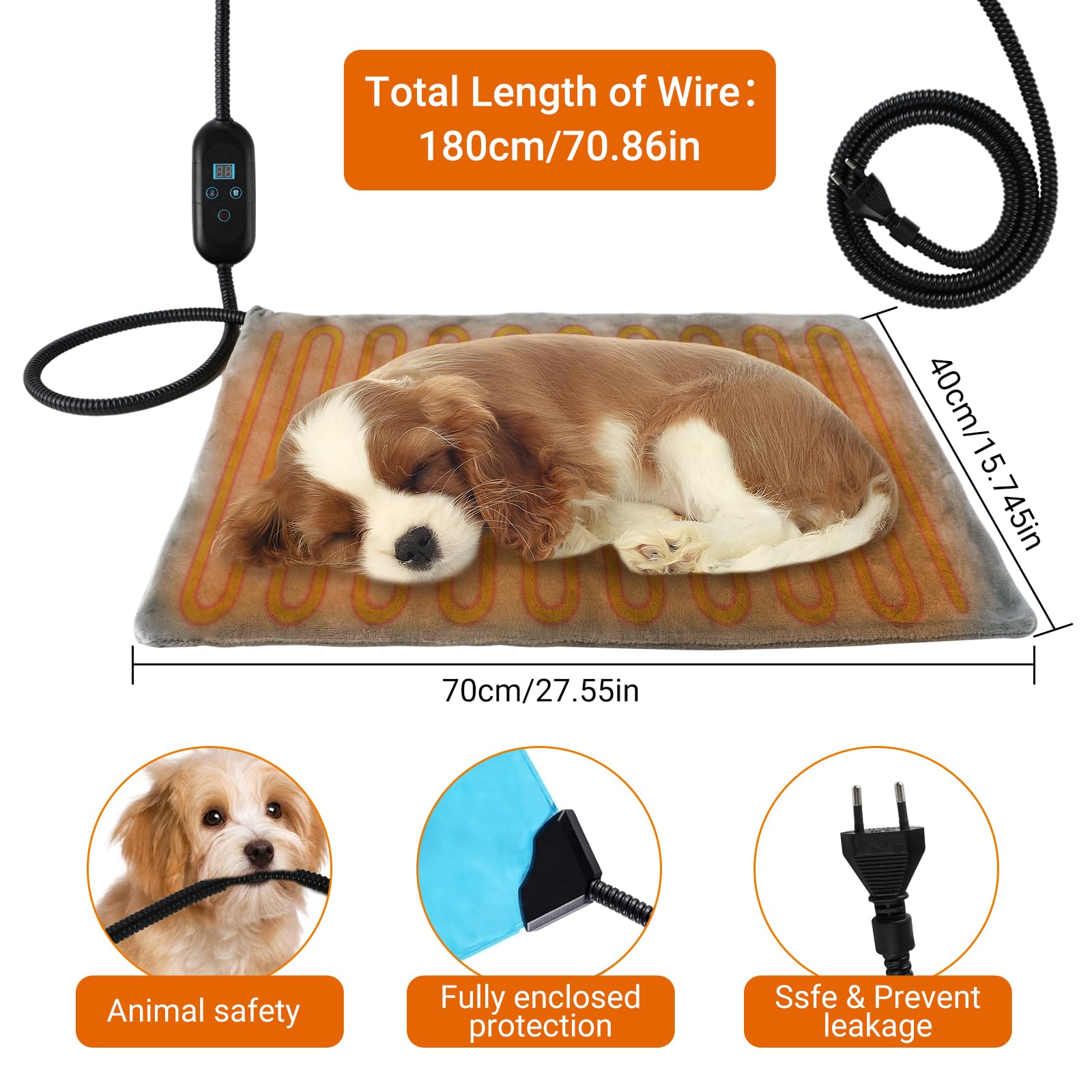 Manta Electrica Mascotas para Gatos y Perros, Anti-mordedura Manta Impermeable Termica Perros Medianos con Termostato y Temporizador, Almohadilla Eléctrica para Mascotas (L（40 * 70cm）)