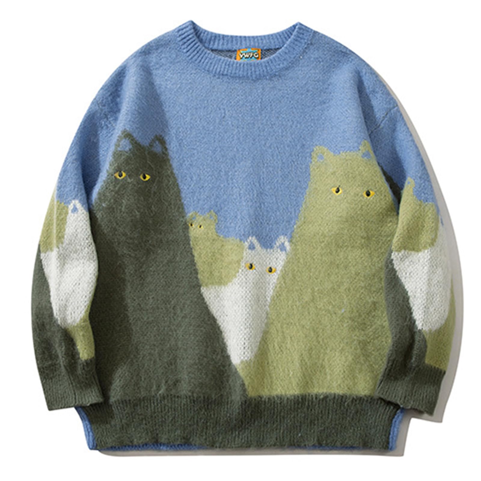 Pull vintage décontracté à motif chat complet bleu en S - 5