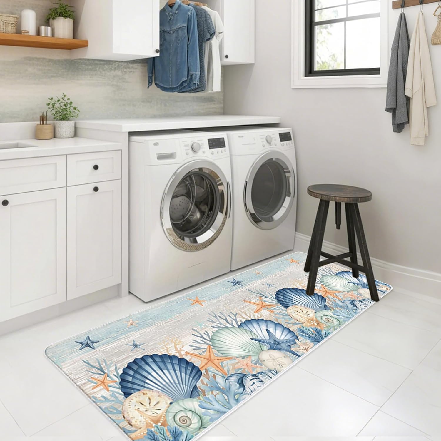Summer Marine Life Kitchen Mats Set of 2 Watercolor Starfish Ocean Shell Blue Wood Grain Non Slip Mat Washable Floor Rug for Kitchen Sink Floor Laundry, 23.6"x35.4"+23.6"x70.9"