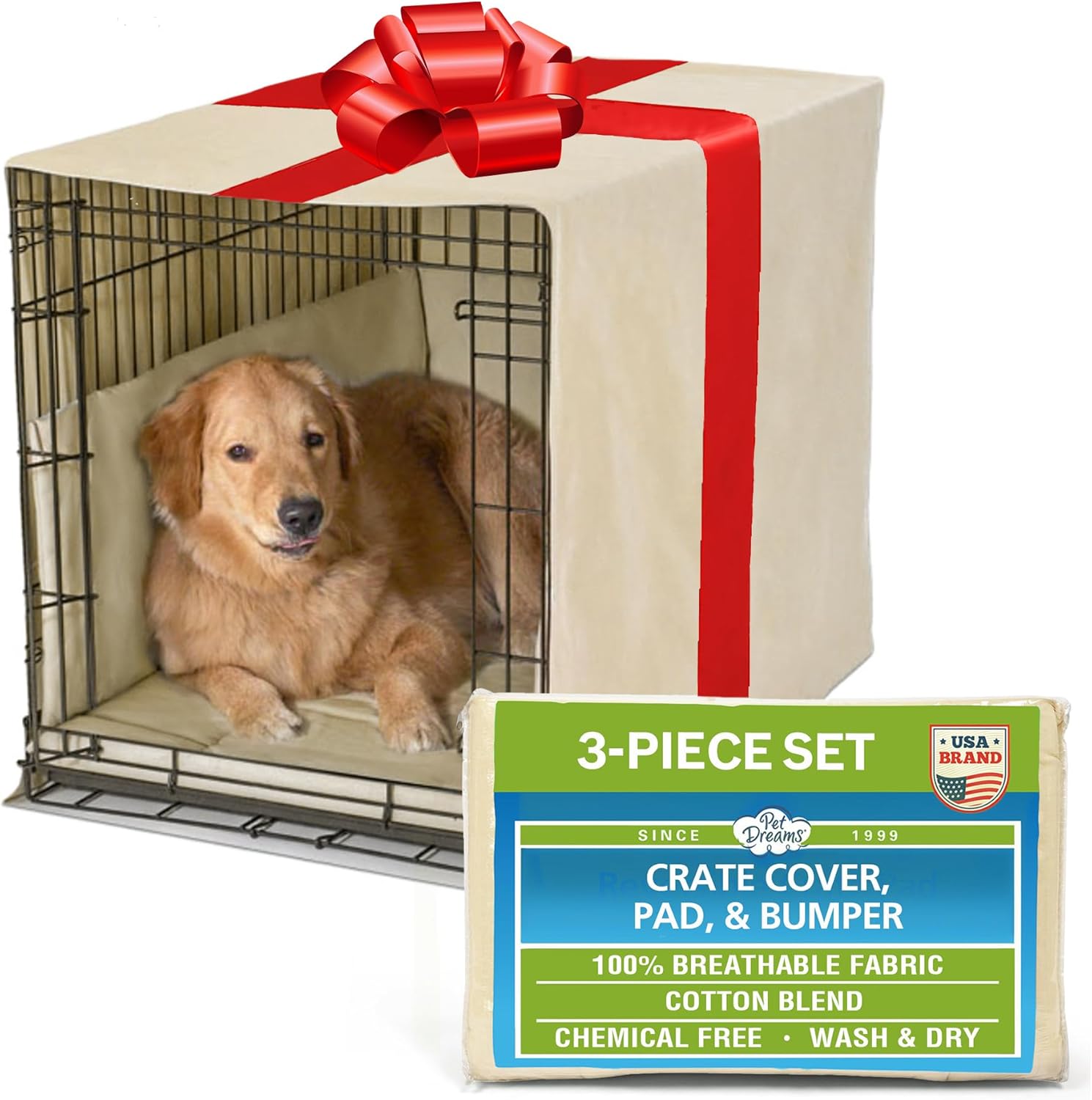 Pet Dreams 3-Piece Set Includes Dog Crate Cover, Dog Mat & Bumper Pad- Washable Kennel Bedding fits iCrate Cages 24, 30, 36, 42 Inch (Khaki, Medium, 30") Khaki Tan 30-Inch