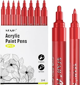 Acrylic Red Paint Pens - 8 Pack 2-3MM Medium Tip & 0.7MM Extra Fine White Paint Marker for Rock Painting, Wood, Metal, Fabric, Canvas, Glass, Ceramic, Diy Crafts