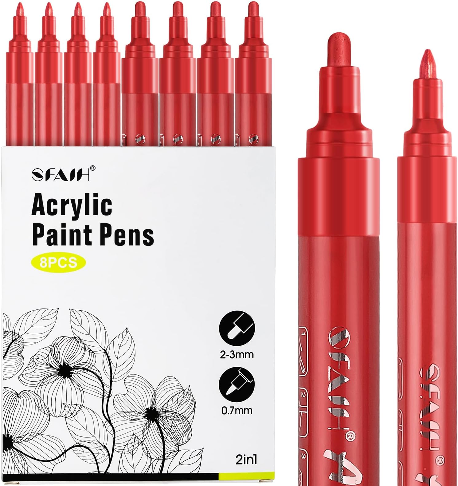 SFAIH Acrylic Red Paint Pens - 8 Pack 2-3MM Medium Tip & 0.7MM Extra Fine White Paint Marker for Rock Painting, Wood, Metal, Fabric, Canvas, Glass, Ceramic, Diy Crafts